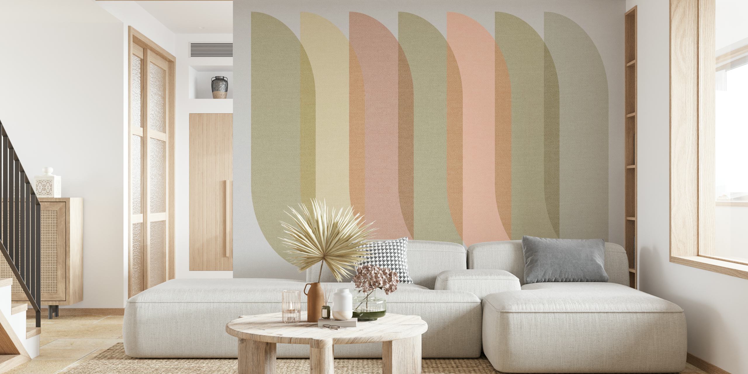 Curved shapes in soft pastel colors blushing pink, beige, and green geometric wallpaper