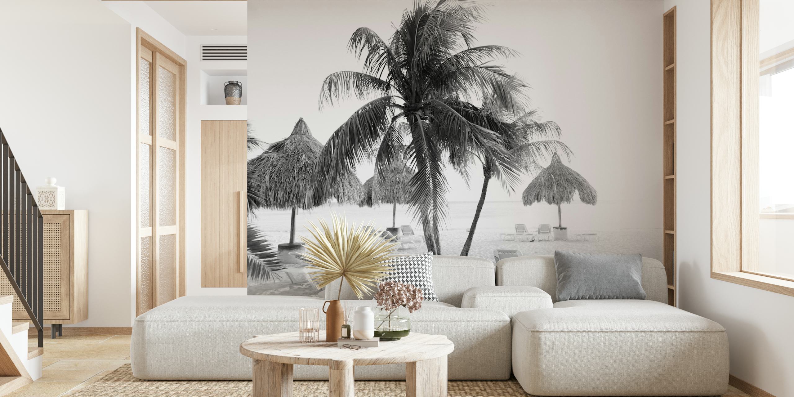 Palm trees on a beach in black and white style wallpaper