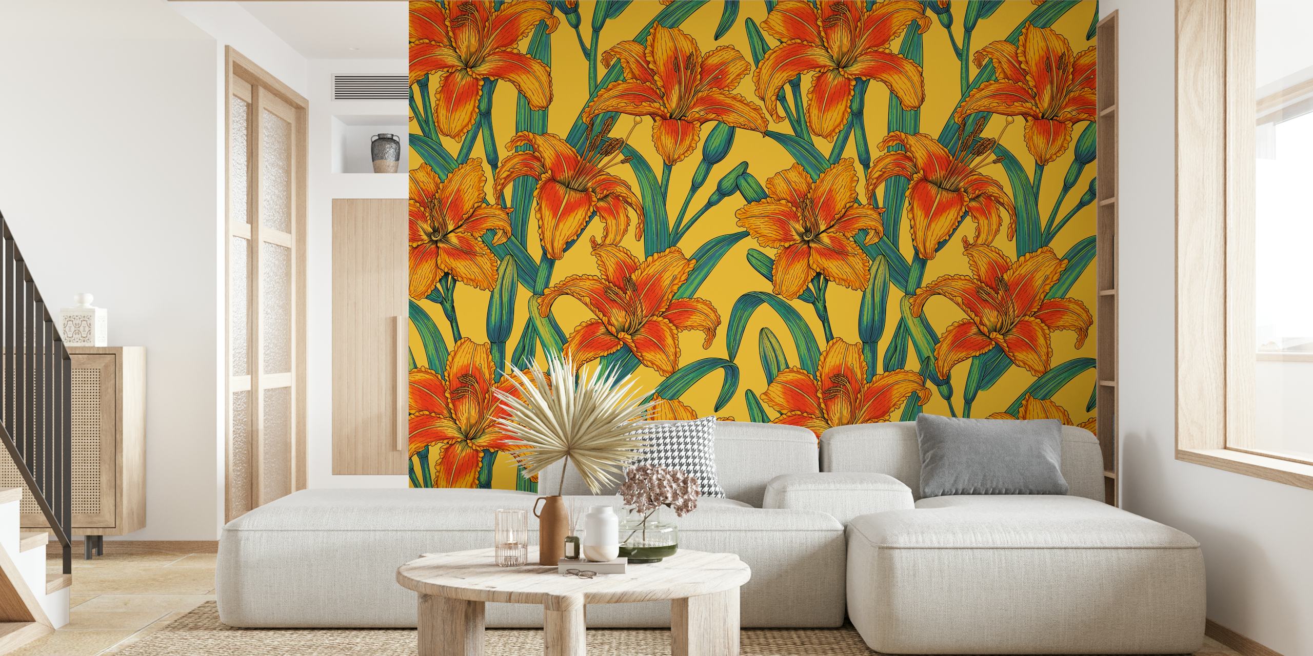 Tawny daylily flowers wallpaper in a room