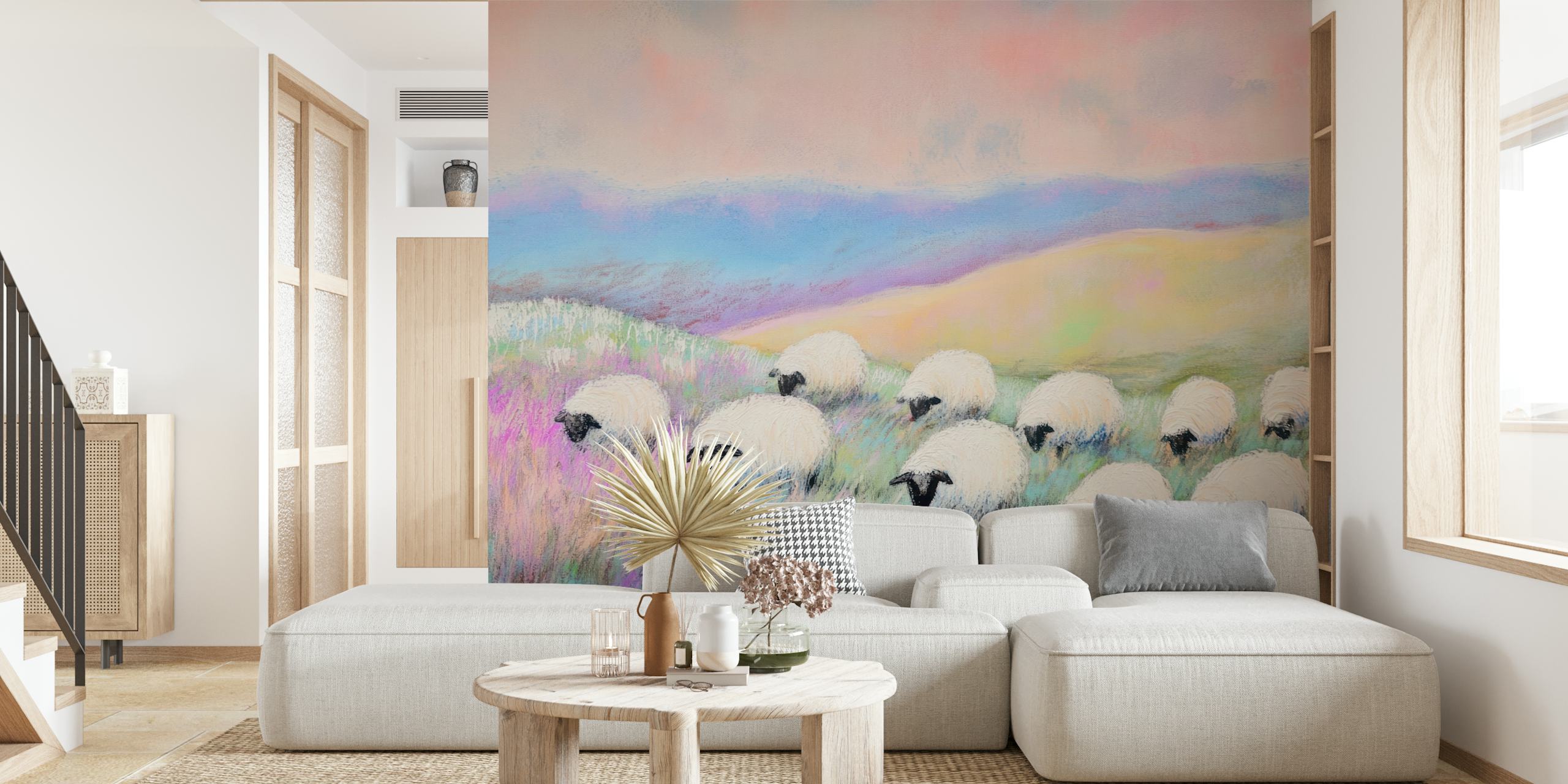 Pastel calm herd hillside wallpaper in a room