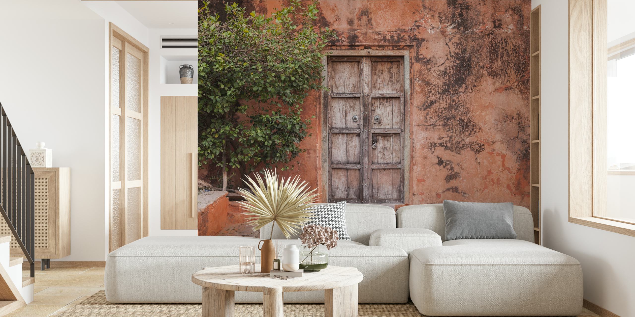 Rustic wooden door against a textured earthy wall wallpaper