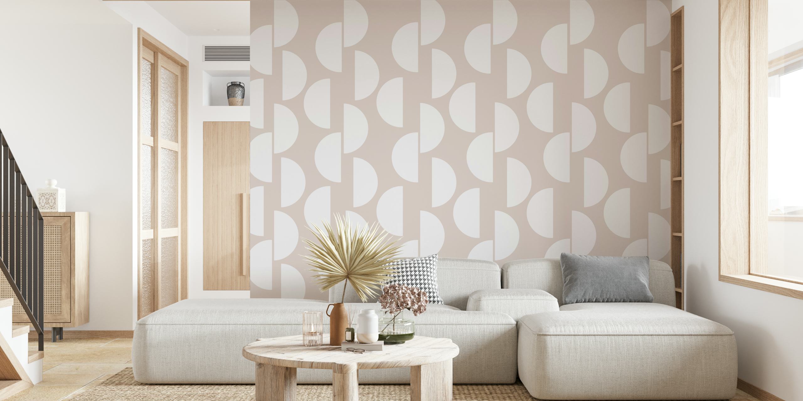 Mid Century Half Moon pattern in white on soft beige wallpaper