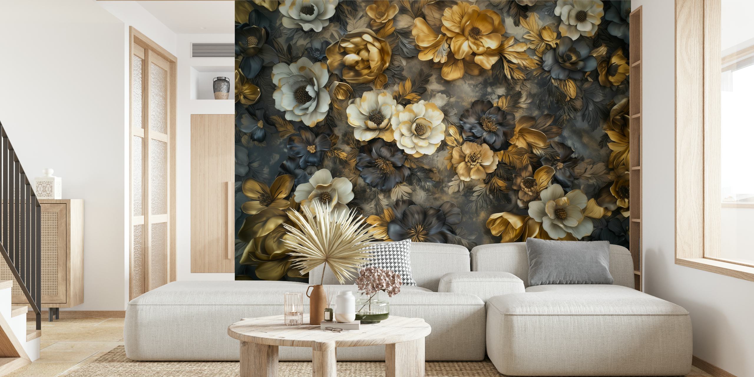 Gold and white floral patterns on dark wallpaper