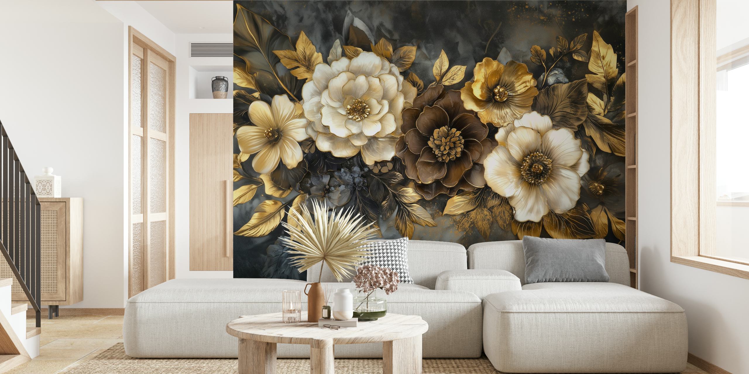 Gold and cream floral design on dark background wallpaper