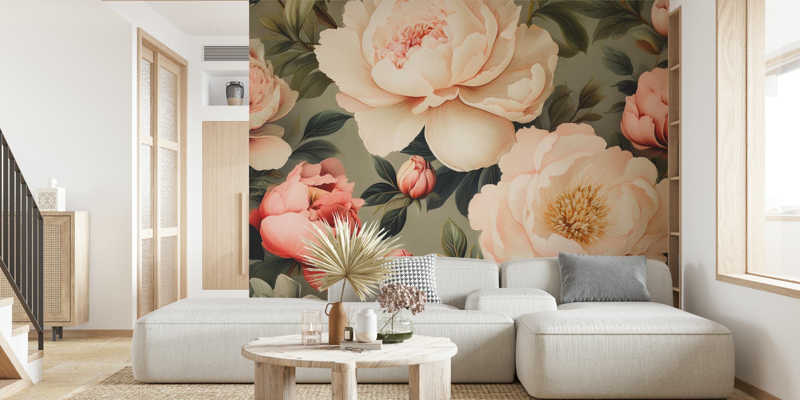 Elegant peony floral design in soft pink and cream wallpaper