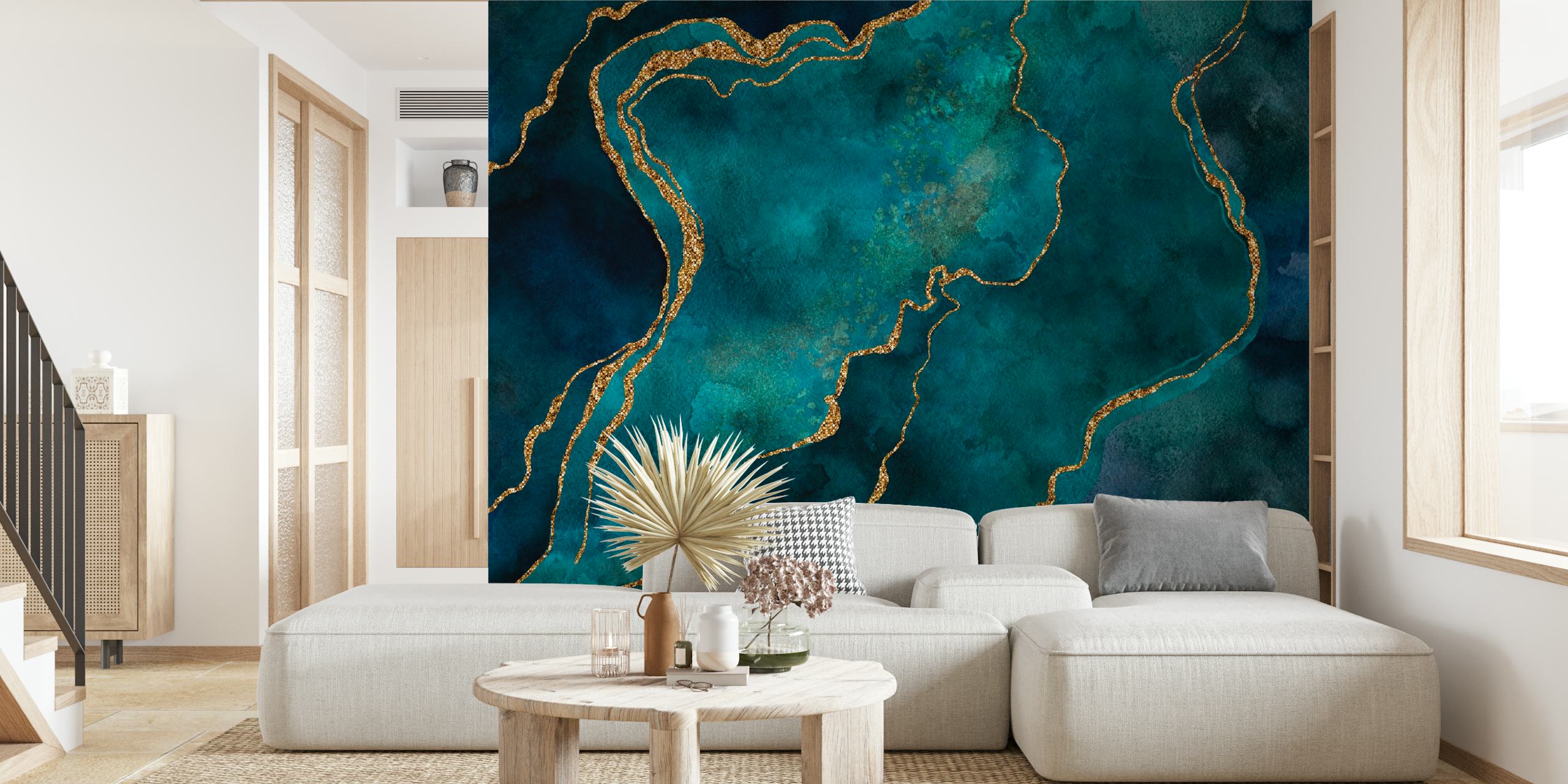 Teal and gold abstract patterns with flowing shapes wallpaper