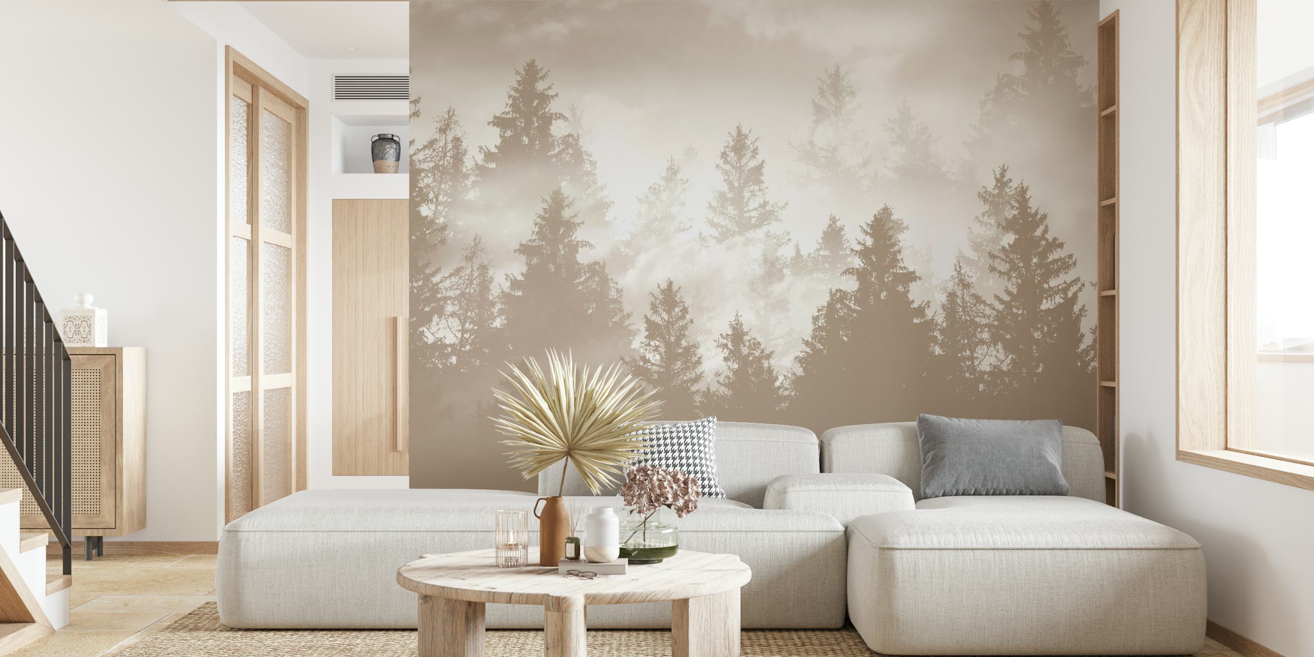 Silhouetted trees in beige tones wall mural