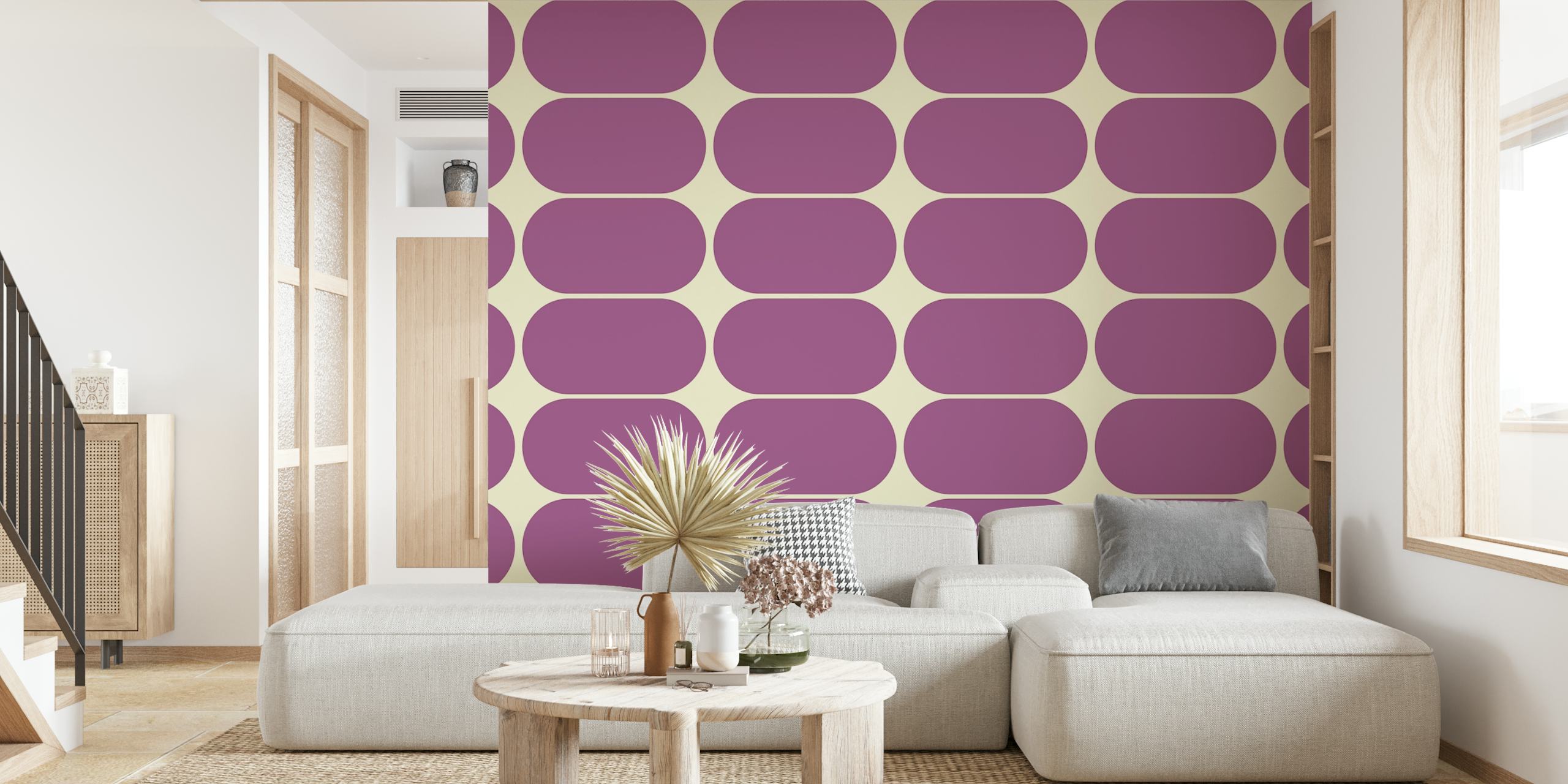 Purple oval shapes on cream background wallpaper
