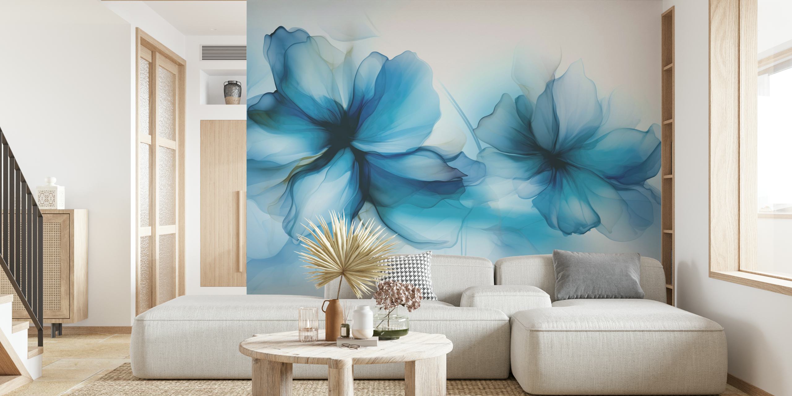 Blue floral abstract wallpaper with soft petals and gradients