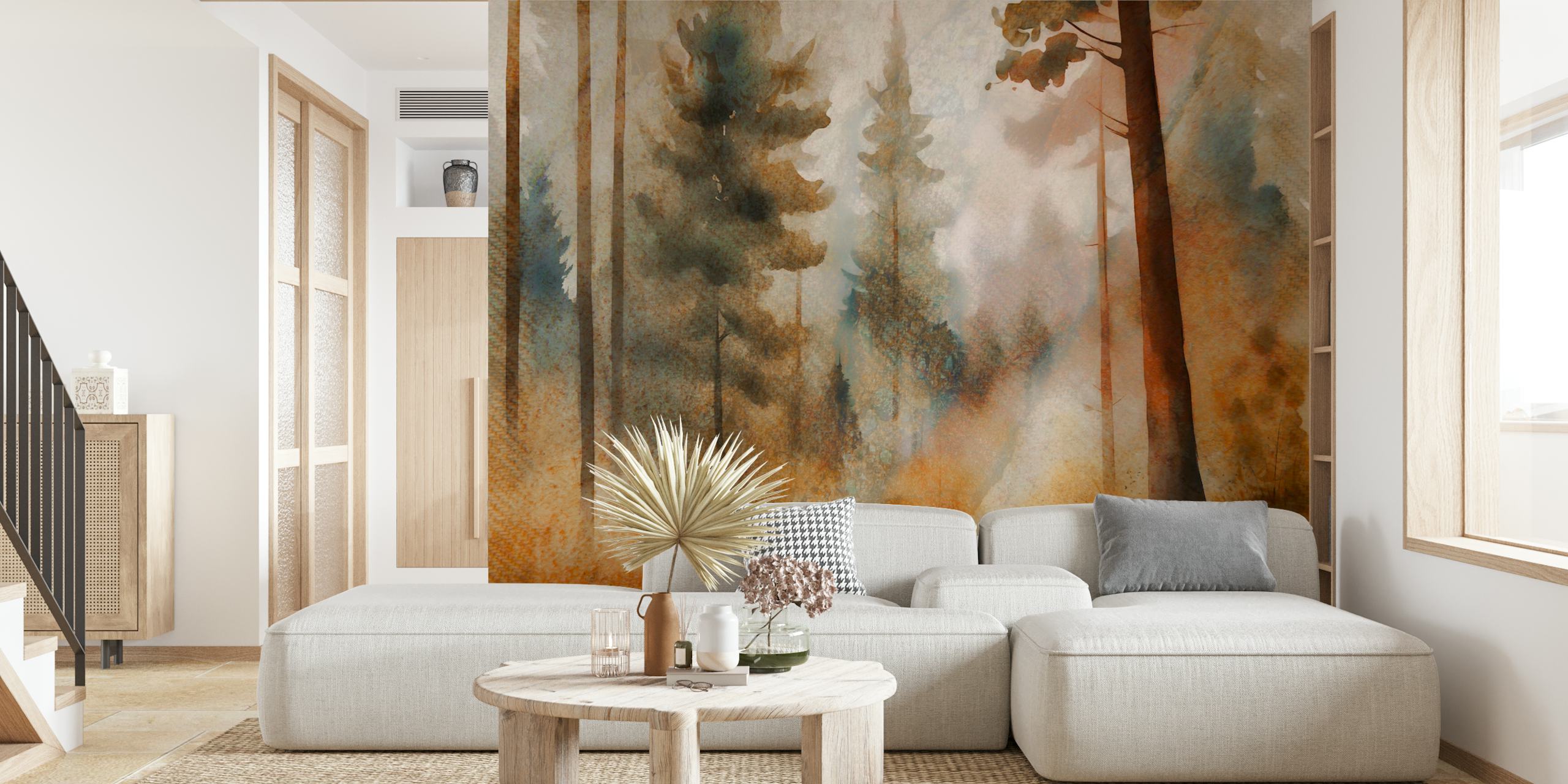 Misty forest wallpaper displayed in a room