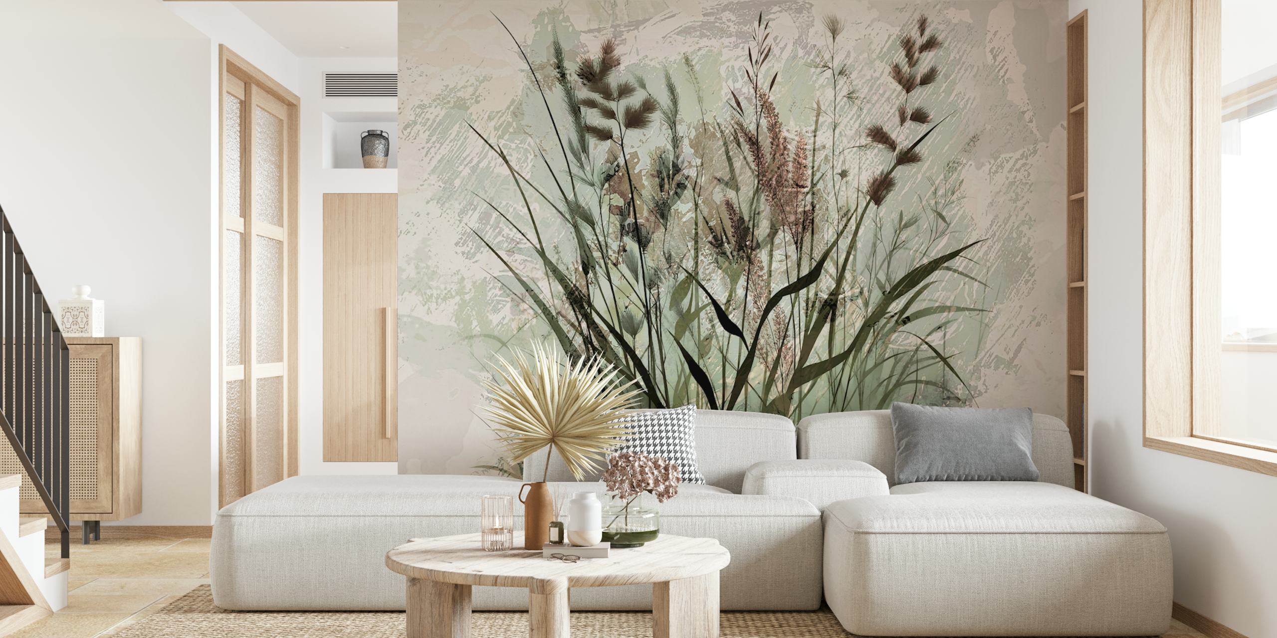 Rustic floral design with tall grass and soft colors wallpaper