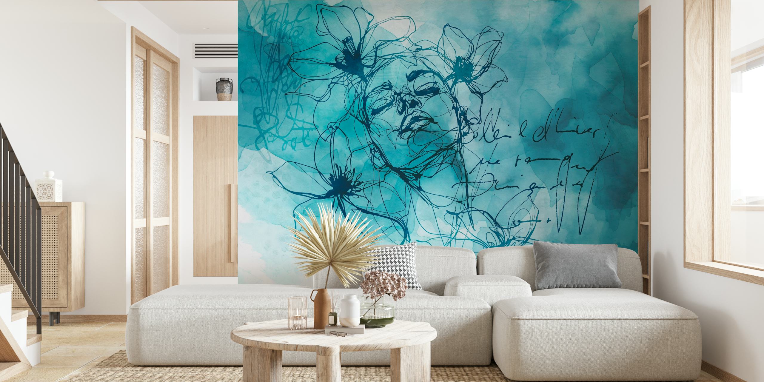 Teal line art of a woman with flowers, watercolor style wallpaper