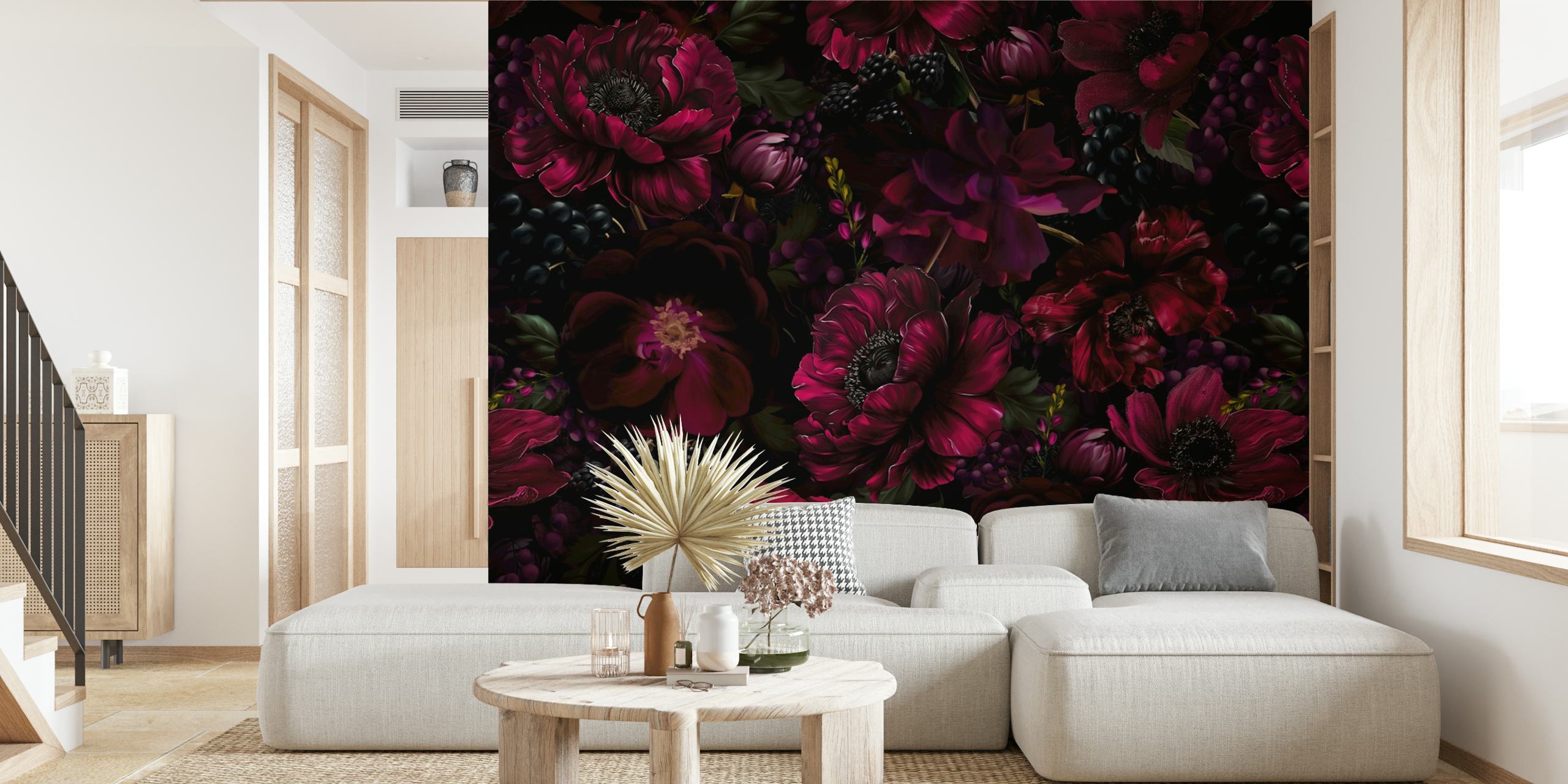 Papel de parede floral Burgundy em um quarto