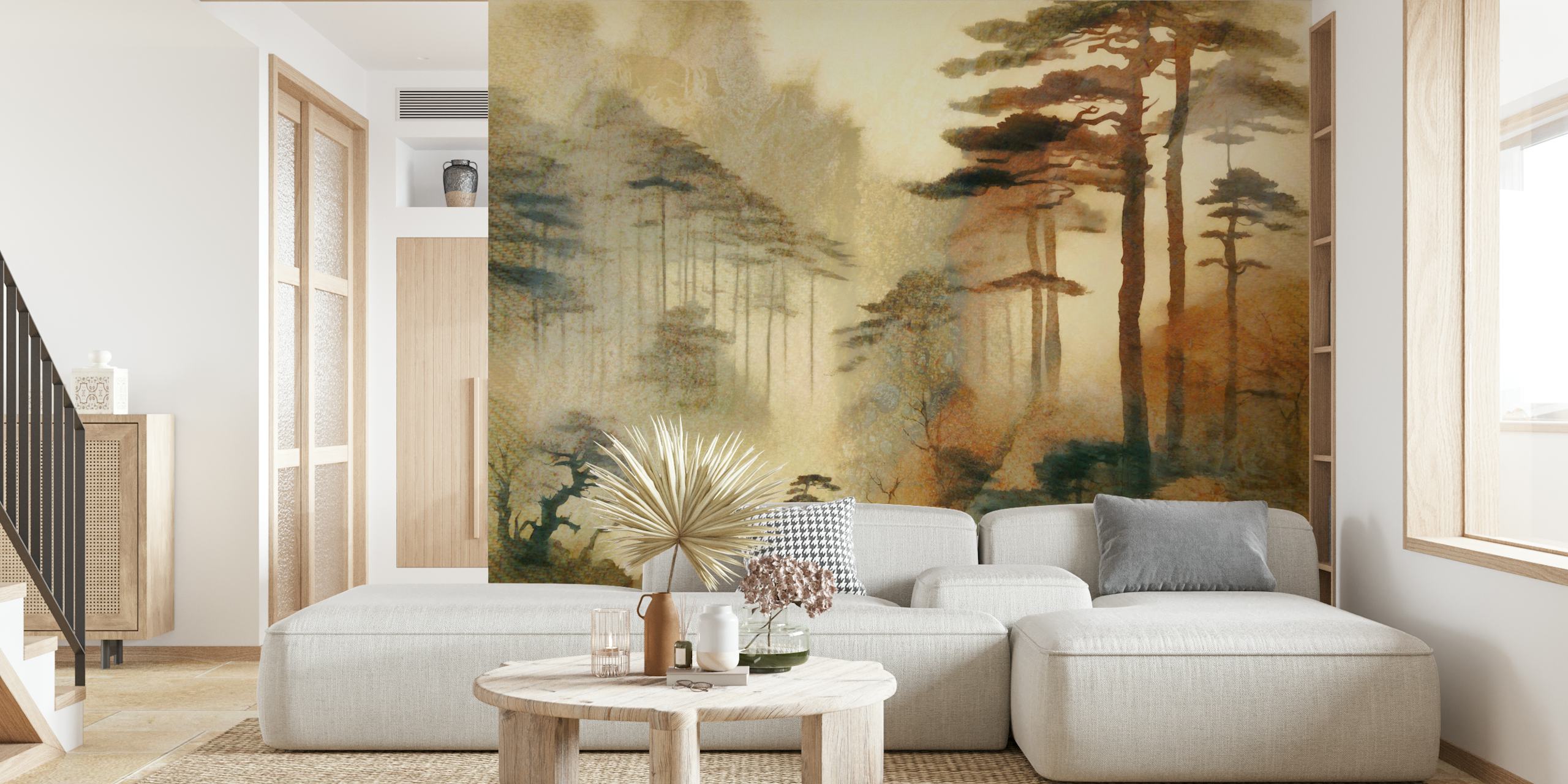 Misty pine forest wallpaper in a room