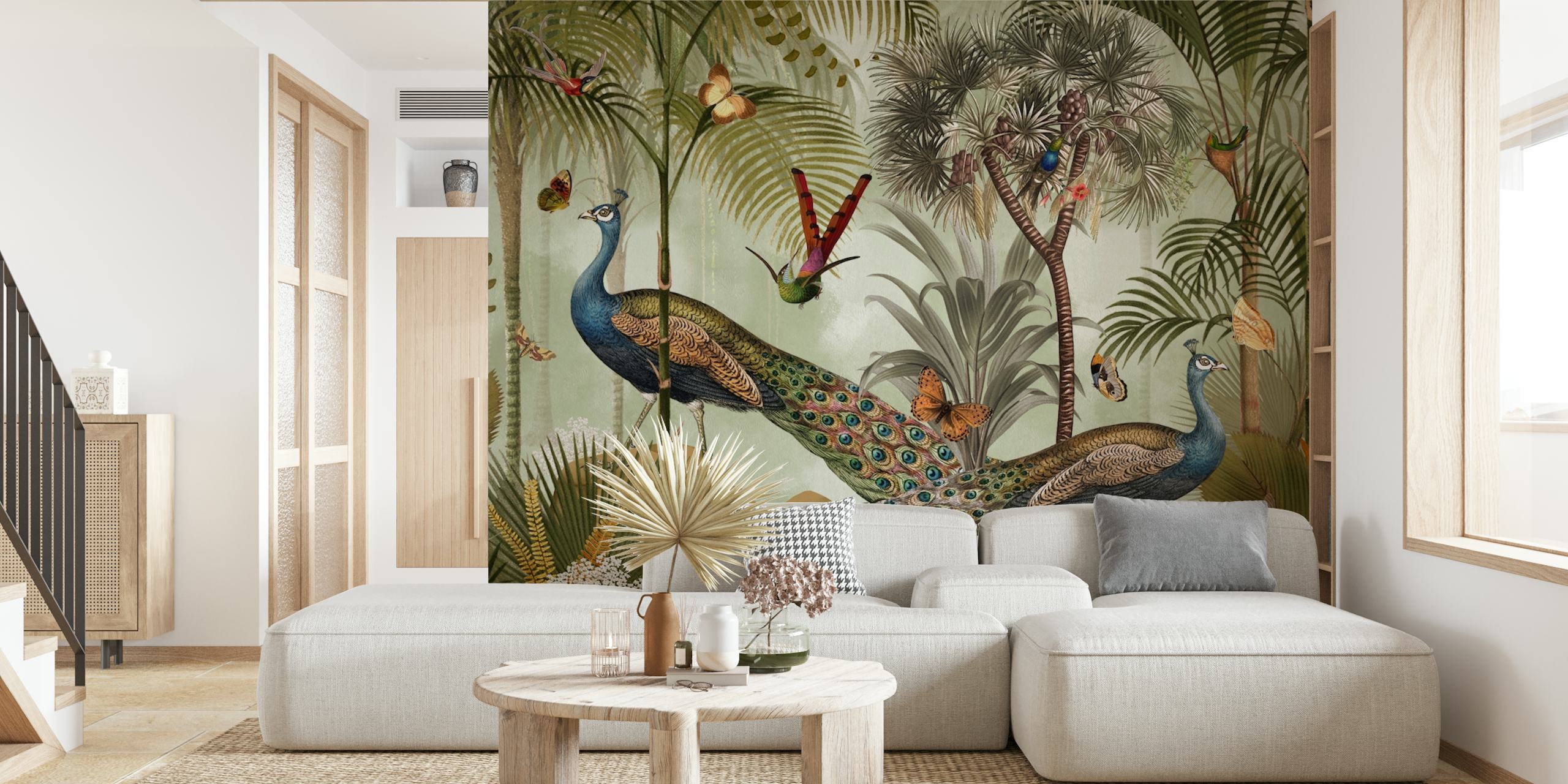 Tropical jungle scene with peacocks and butterflies wallpaper