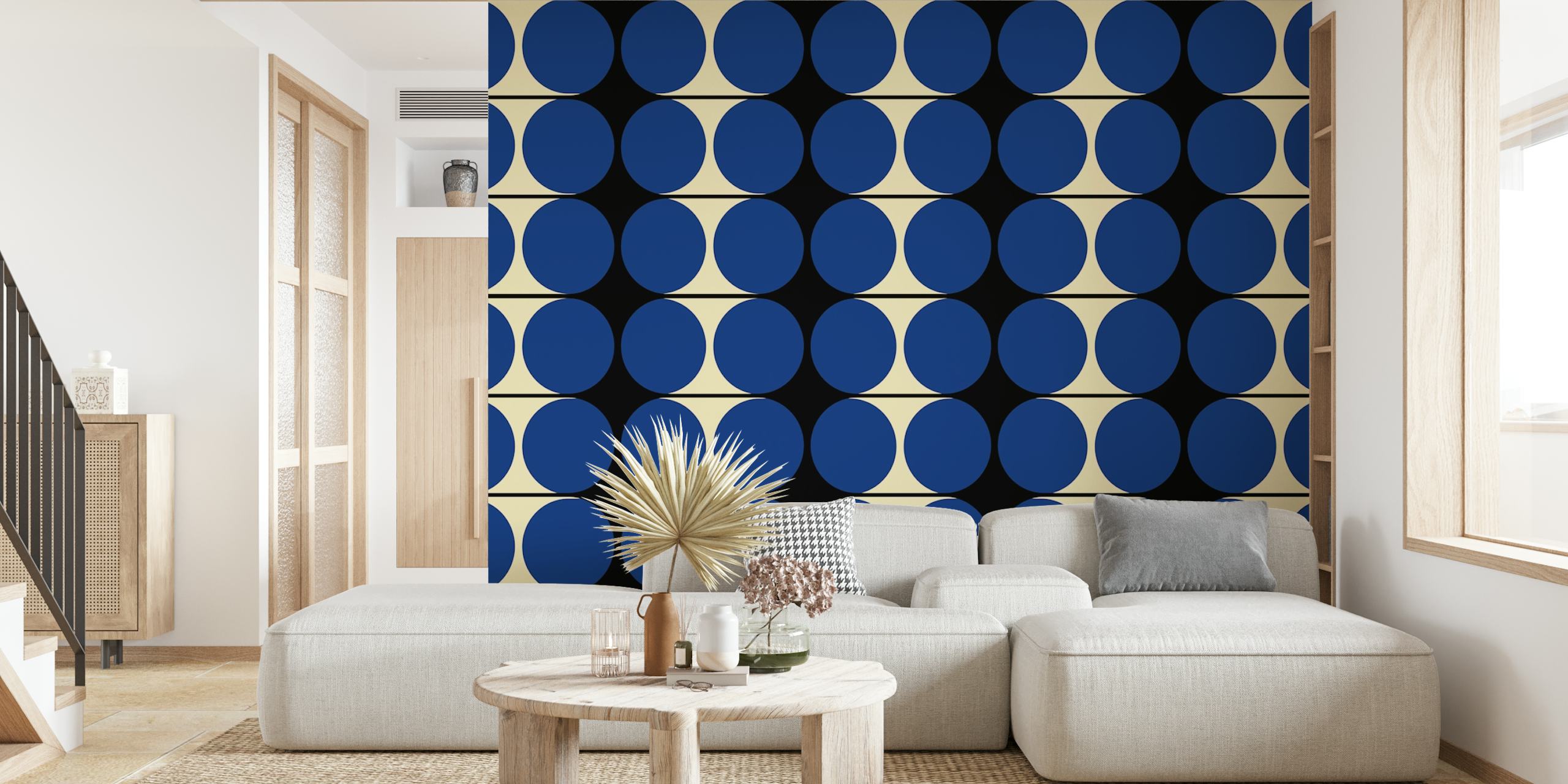 Geometric circles in navy blue and cream on black background wallpaper