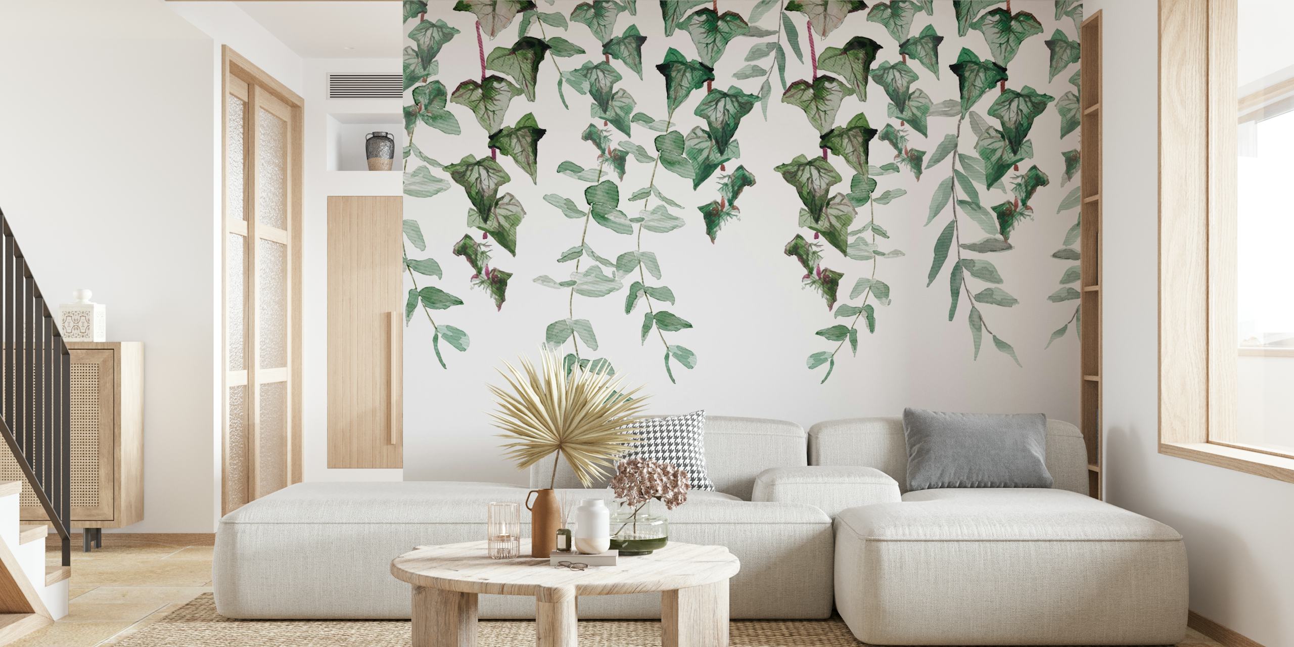 Ivy and eucalyptus leaves in green on white background wallpaper