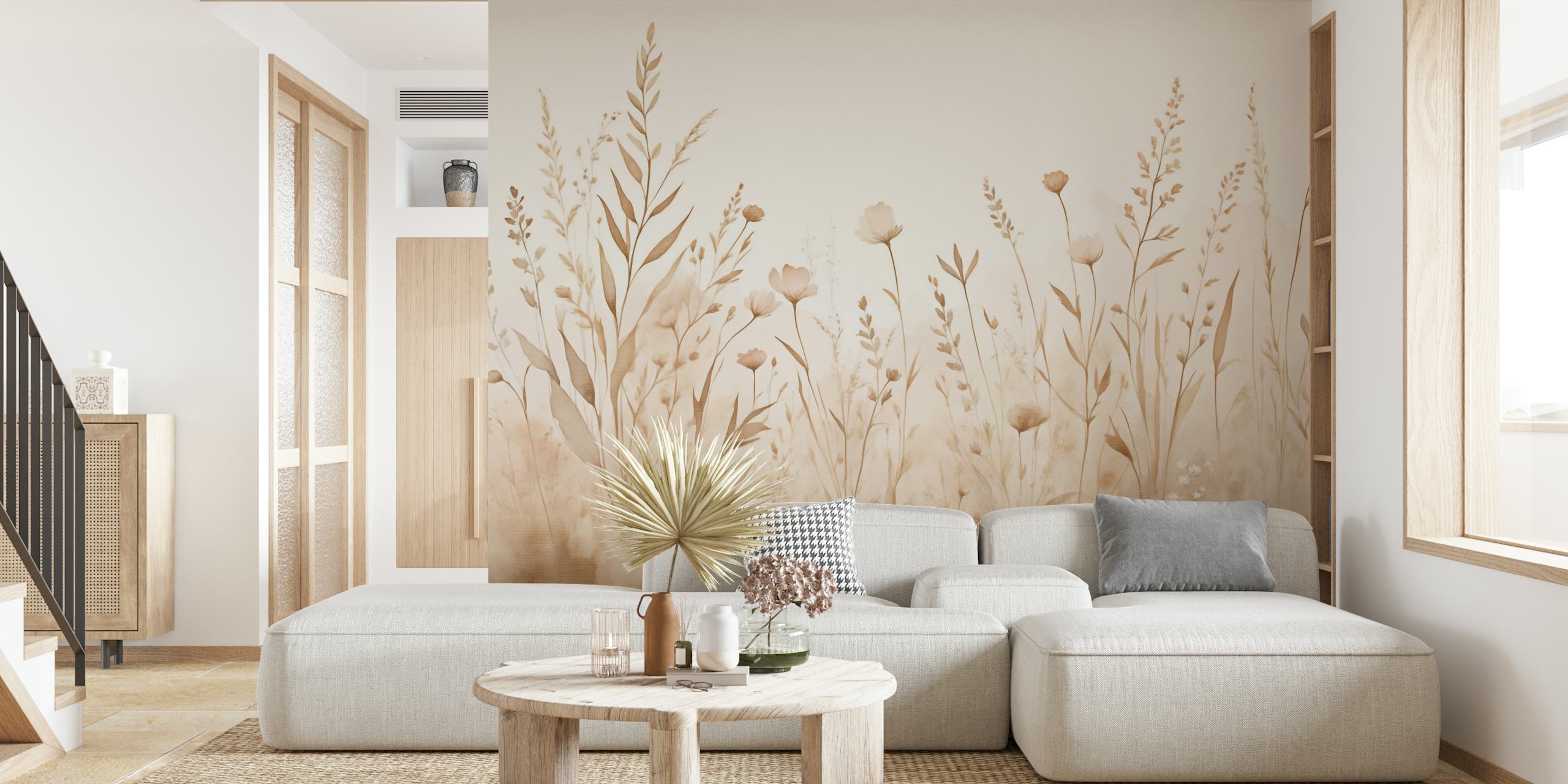 Papel de parede Wildflower Meadow Dreams Beige em um quarto