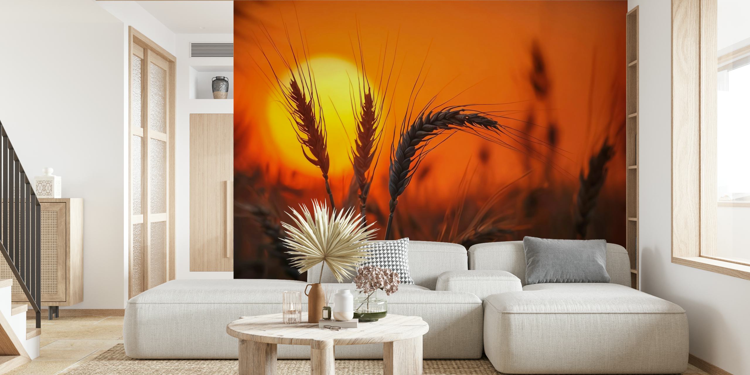 Silhouetted wheat against a warm orange sunset wallpaper