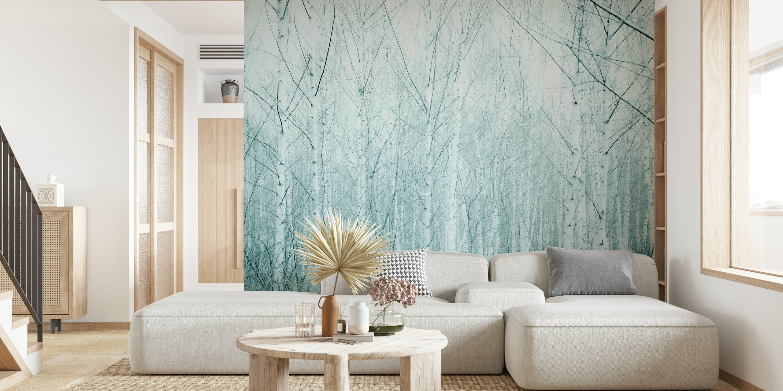 Birch trees with delicate branches in soft gray tones wallpaper