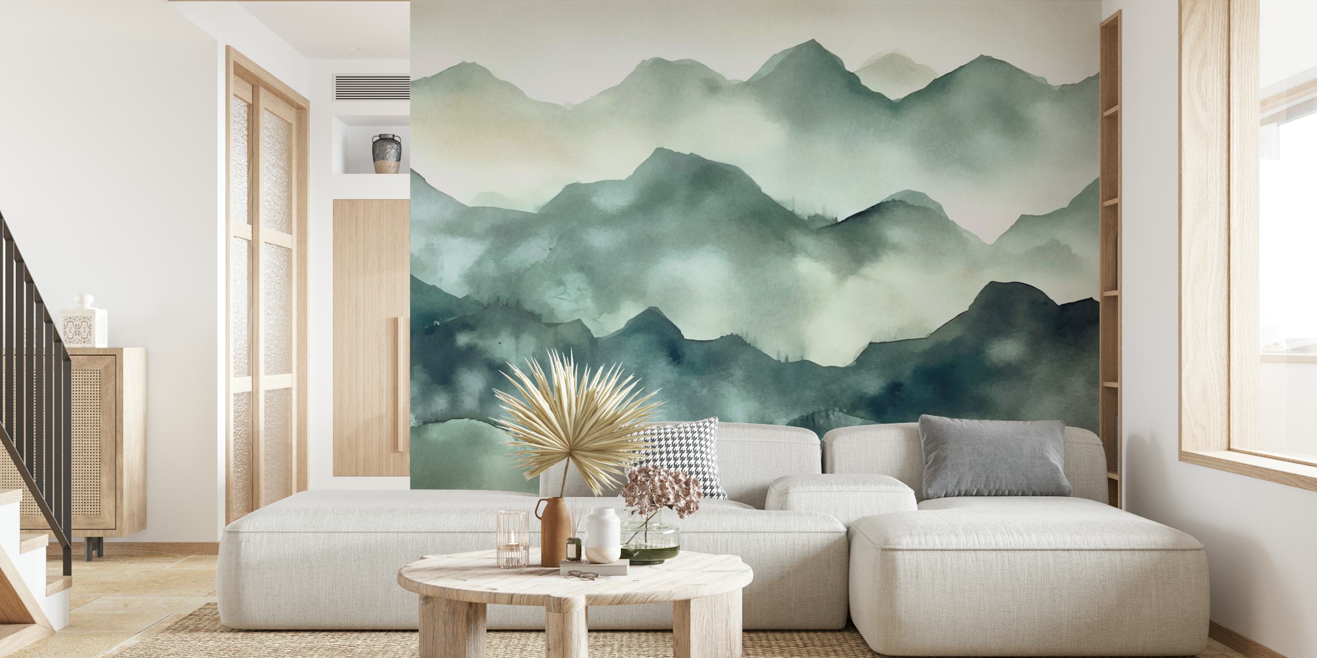Misty Mountains Watercolor Landscape ταπετσαρία σε ένα δωμάτιο