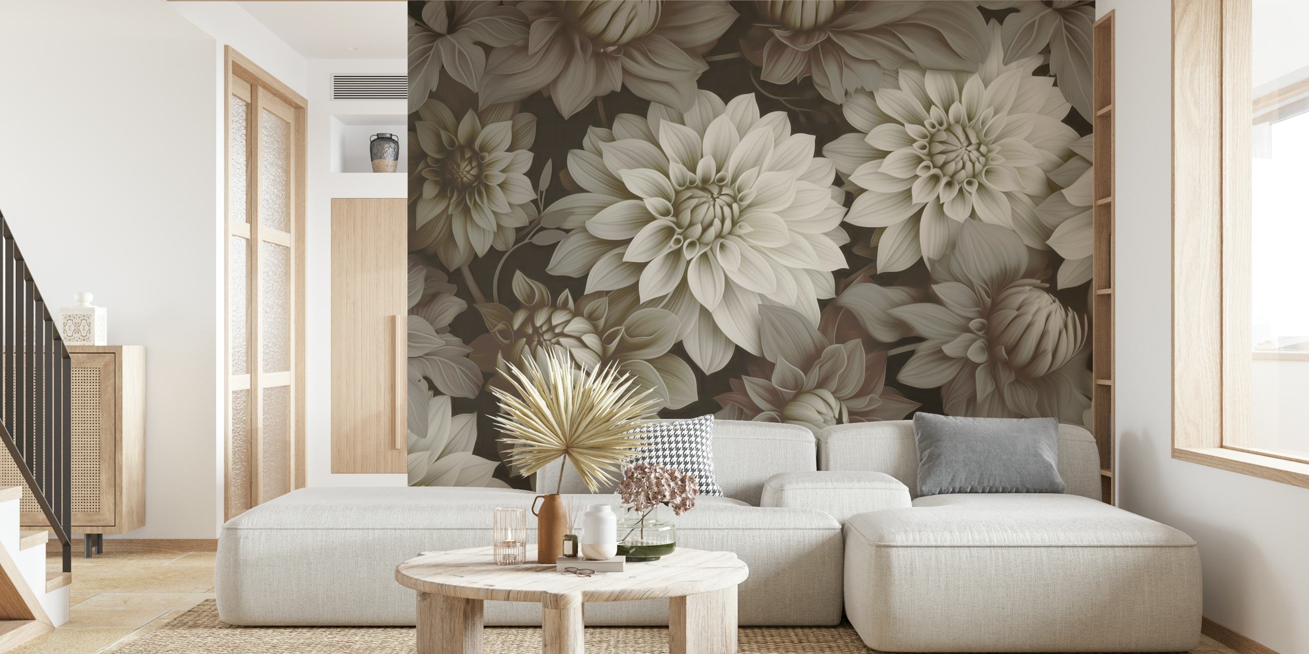 Ivory dahlia flowers with subtle textures in varying shades wallpaper