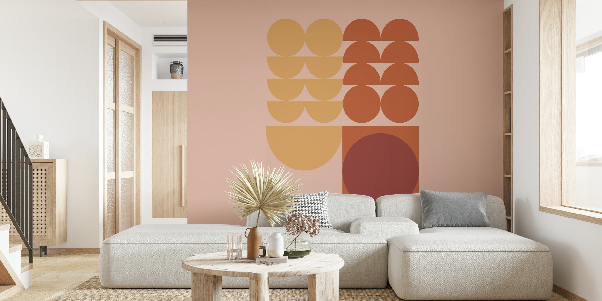 Geometric circle patterns in warm oranges and beige wallpaper