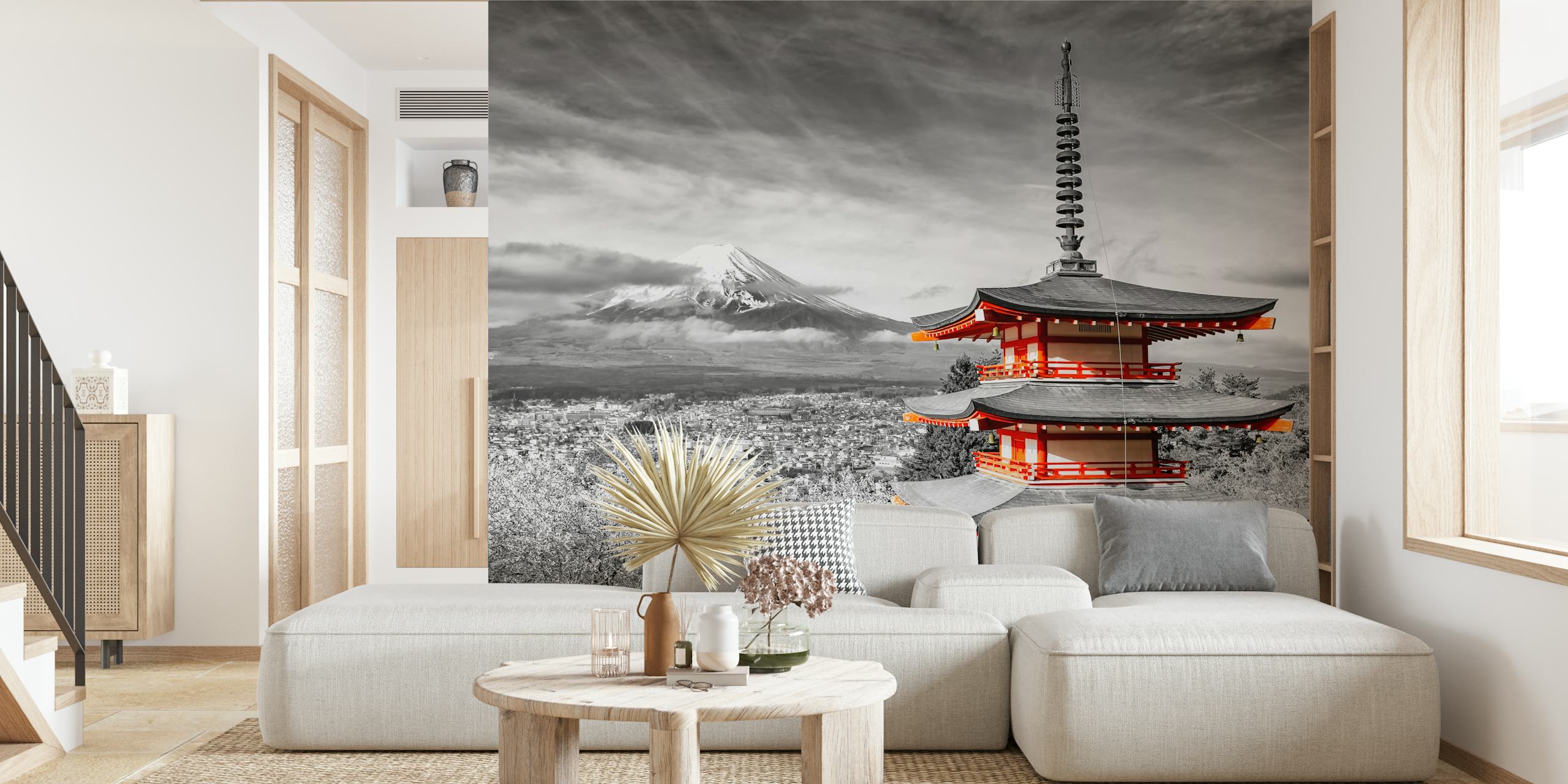 Black and white wallpaper featuring Mount Fuji and Chureito Pagoda