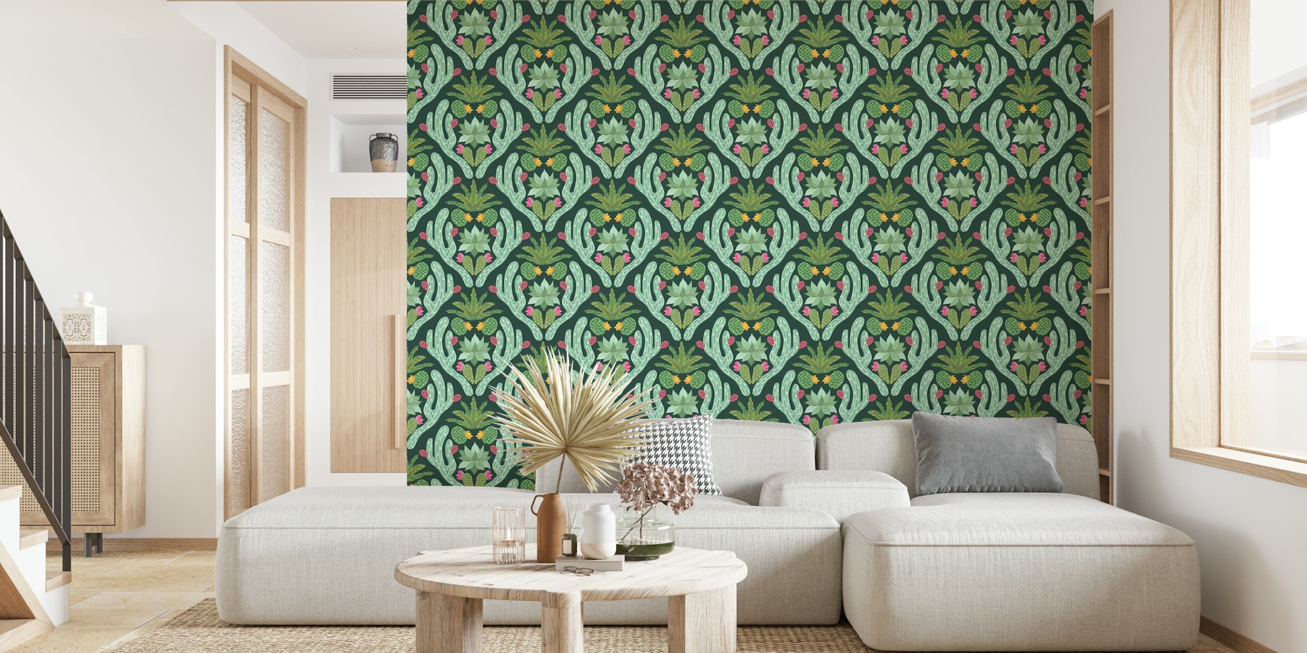 Cactus and floral patterned green wallpaper