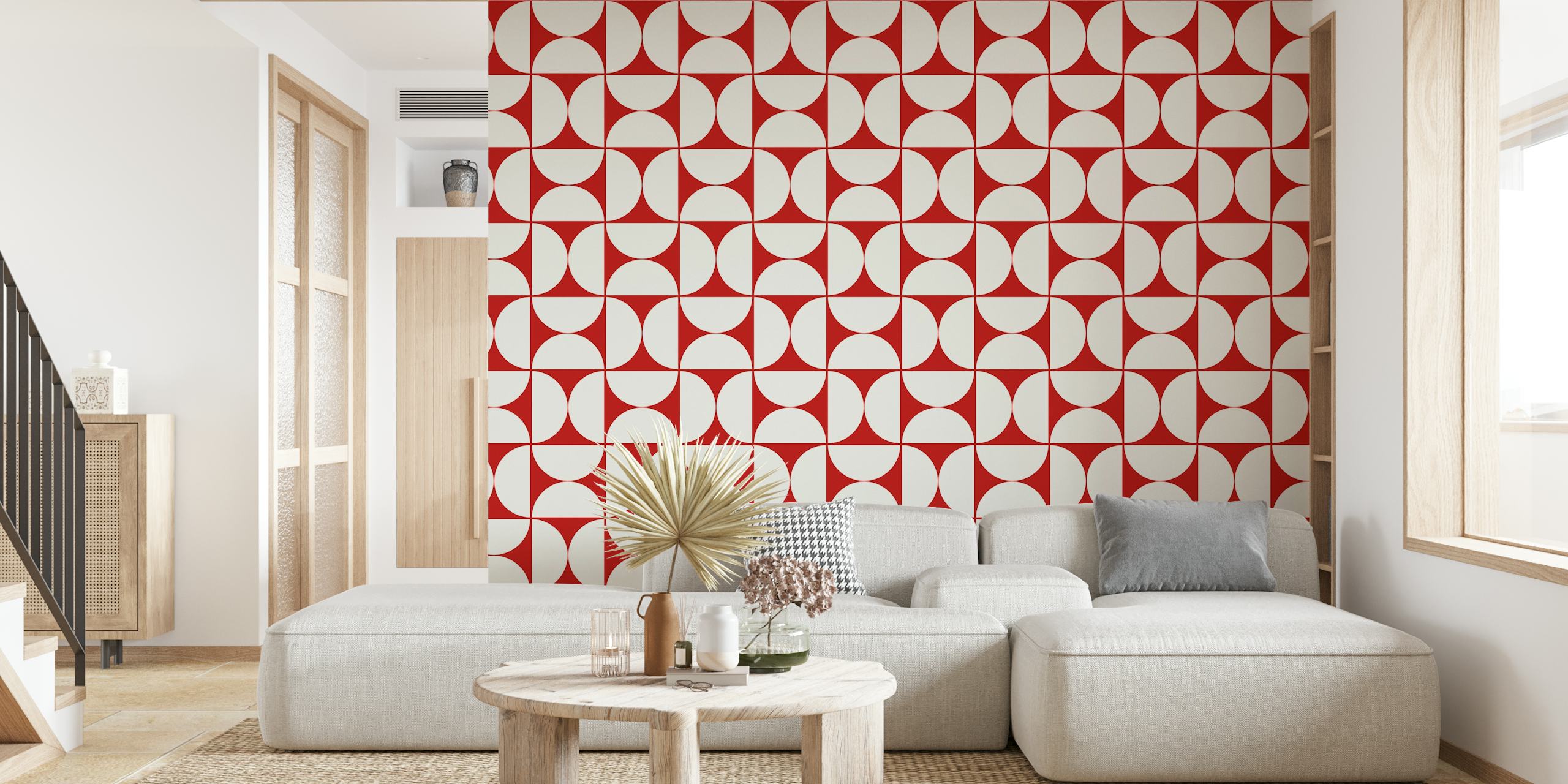 Mid-Century Modern geometric pattern wall mural in red and white colors