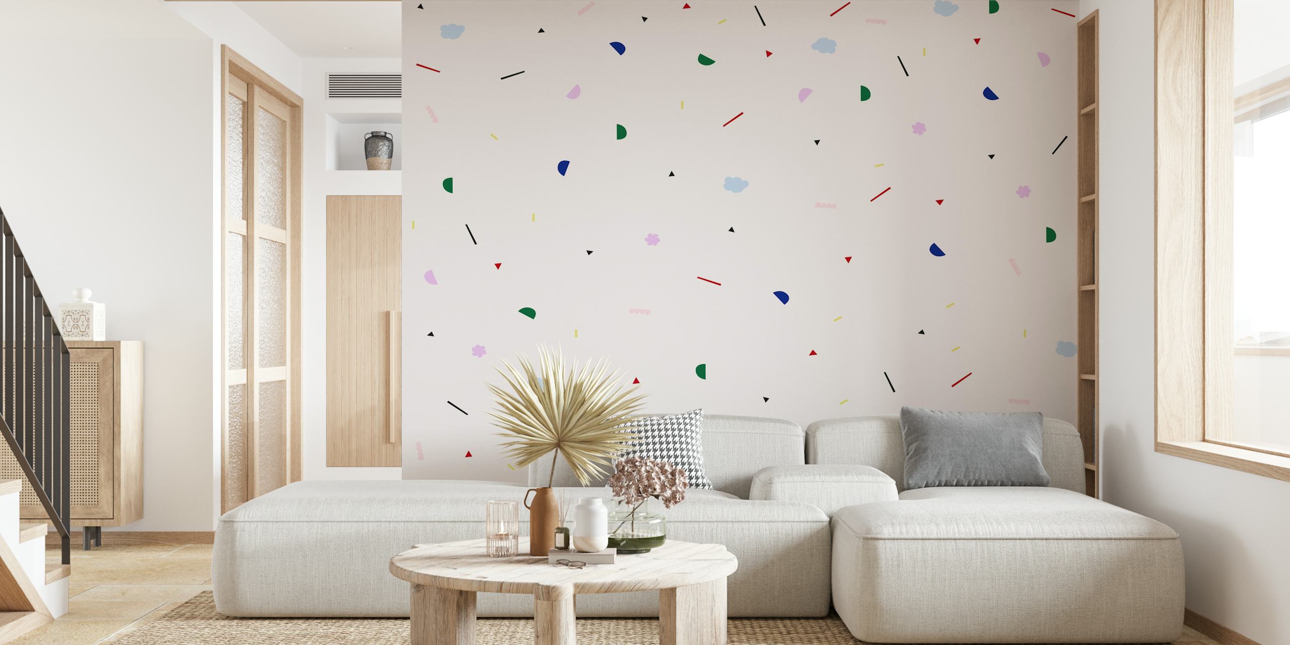 Farverig Mural happy shapes tapet i et rum
