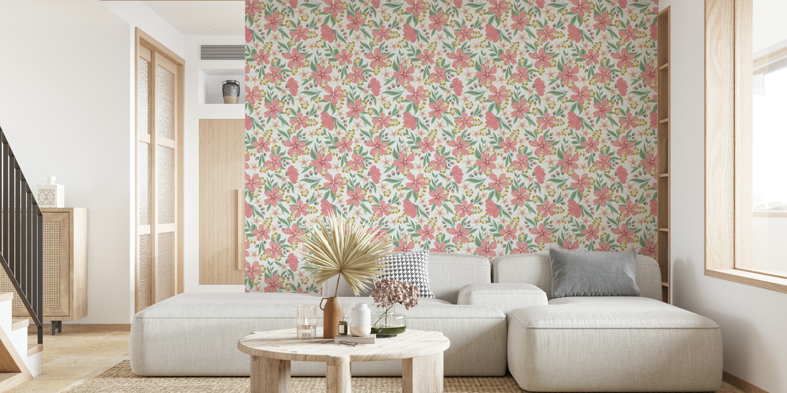 Pink floral pattern with green leaves wallpaper