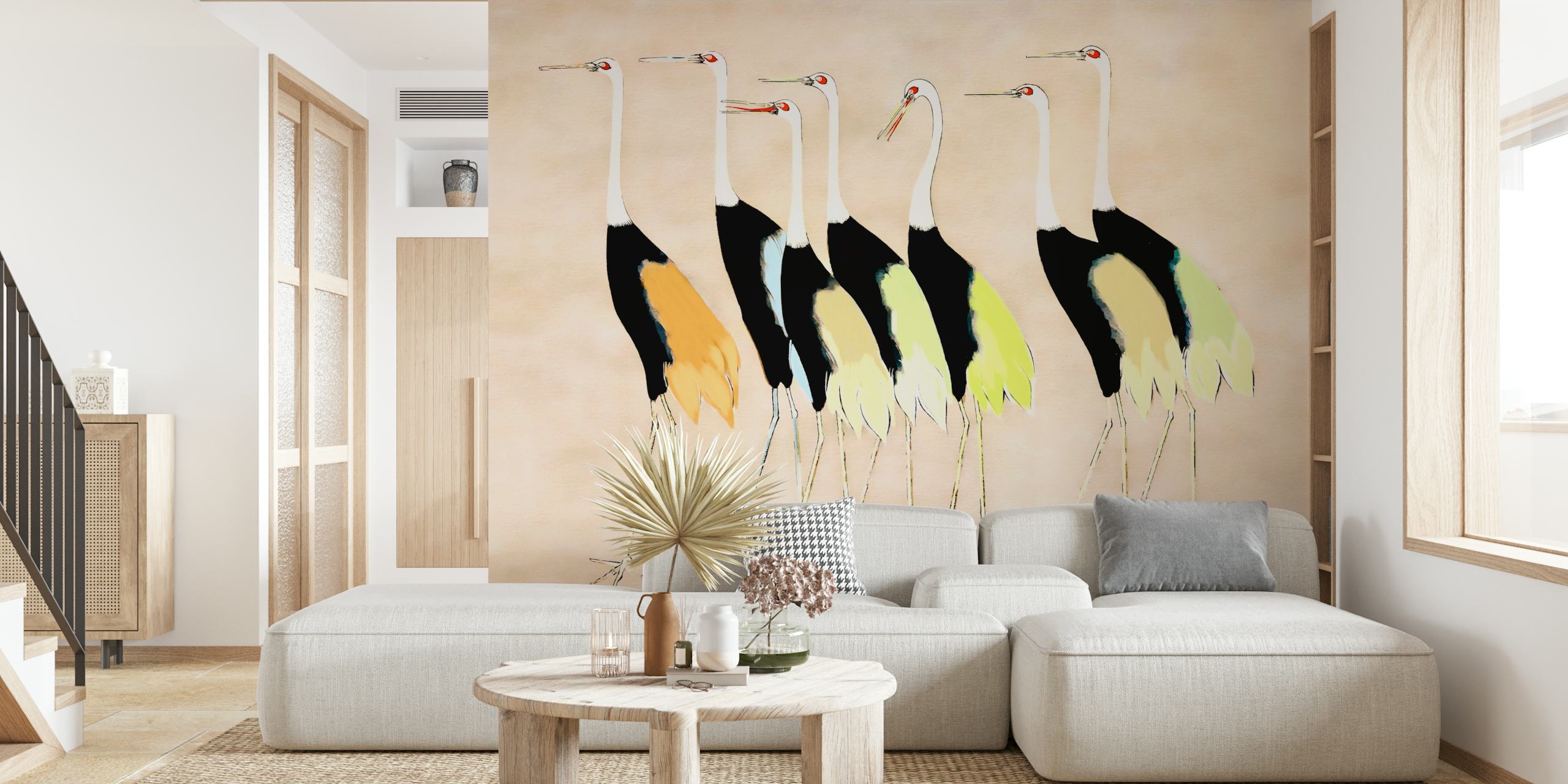 Illustration of cranes in pastel colors on a beige background wallpaper