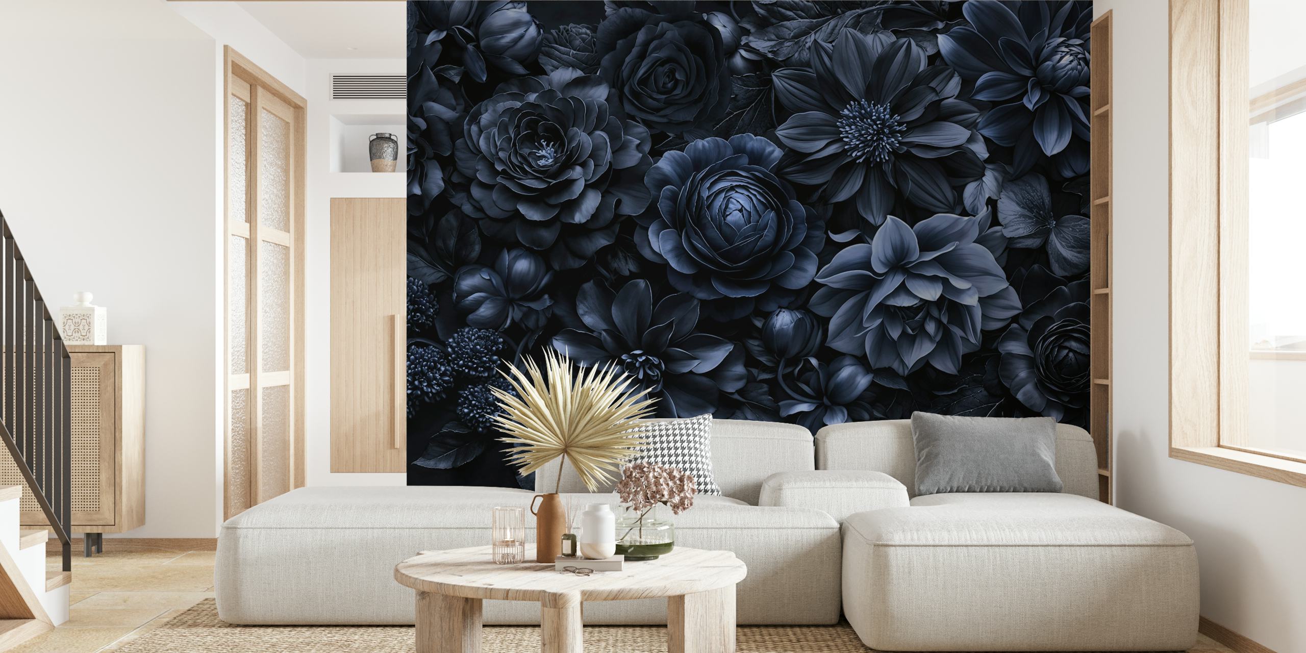 Dark blue floral wallpaper in a room