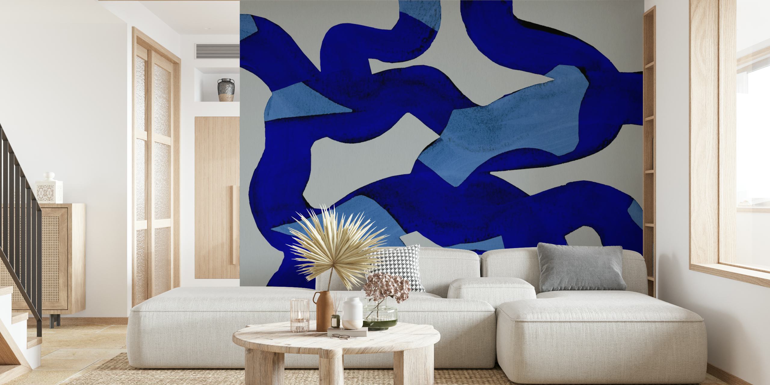 Blue abstract brush strokes wallpaper in room