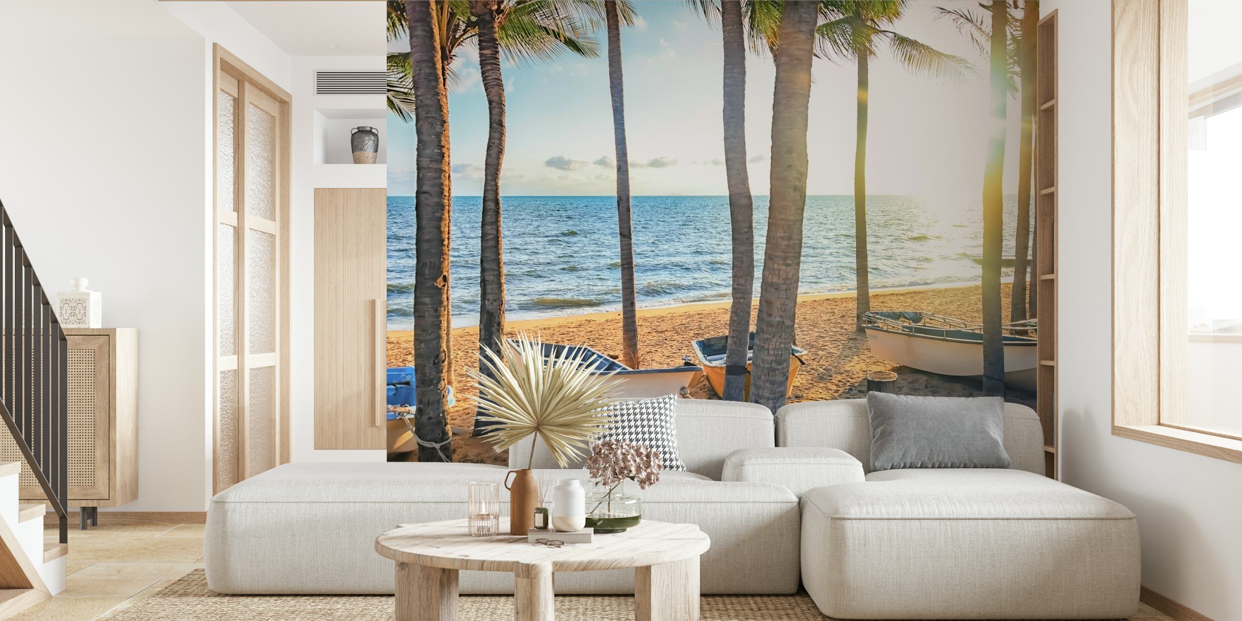 Tropical beach scene with palm trees, boats, blue ocean wallpaper