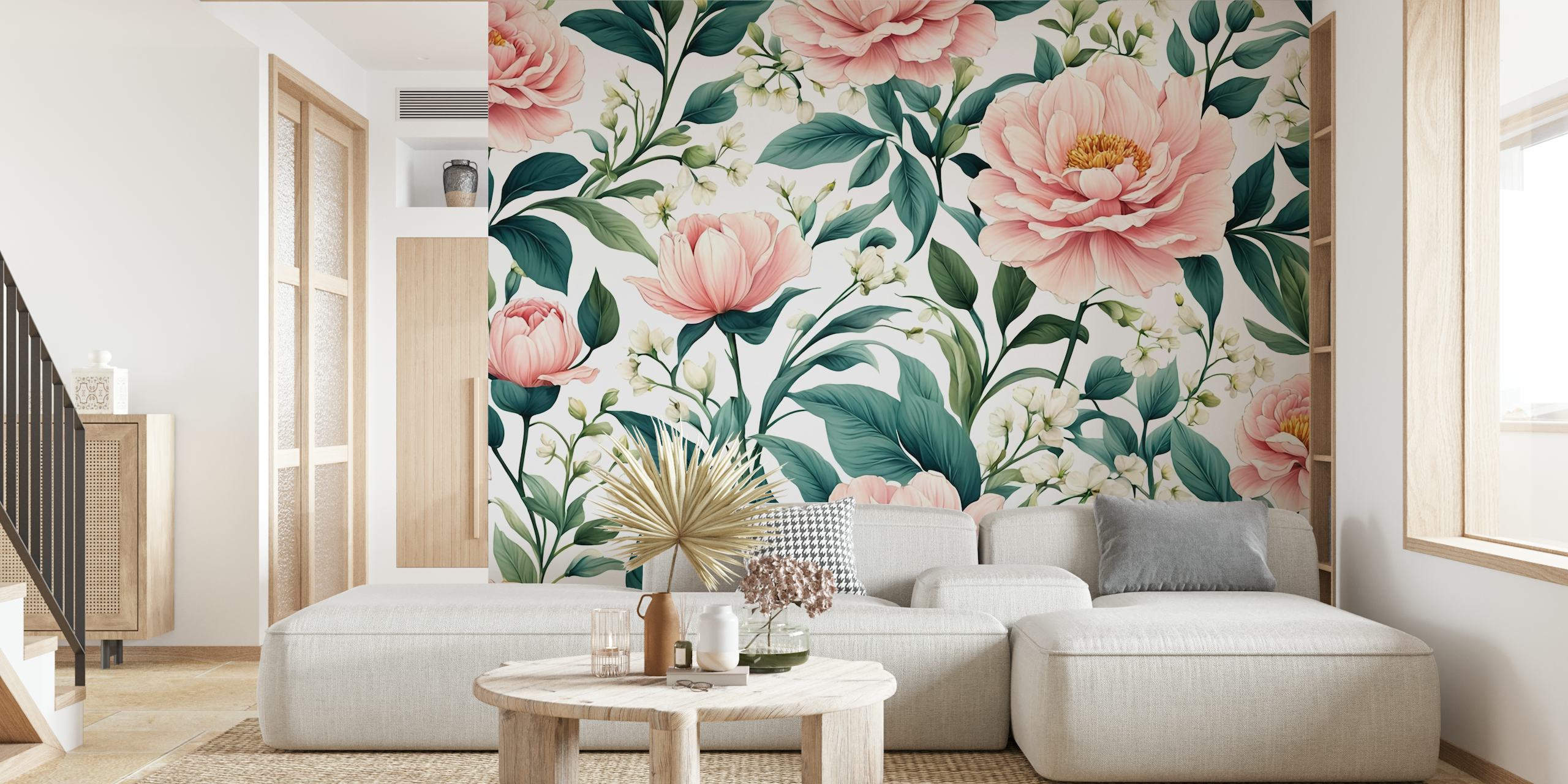 Pink floral arrangement wallpaper with leafy green accents