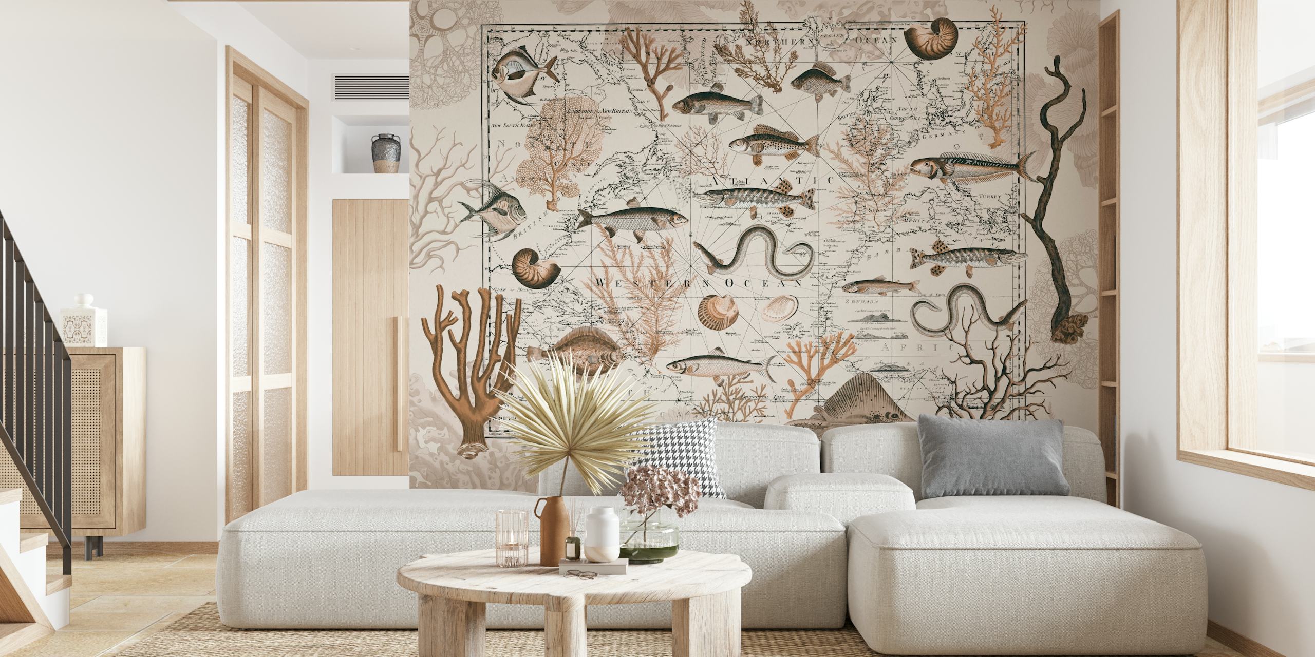 Vintage marine life map with beige tones features fish and coral wallpaper