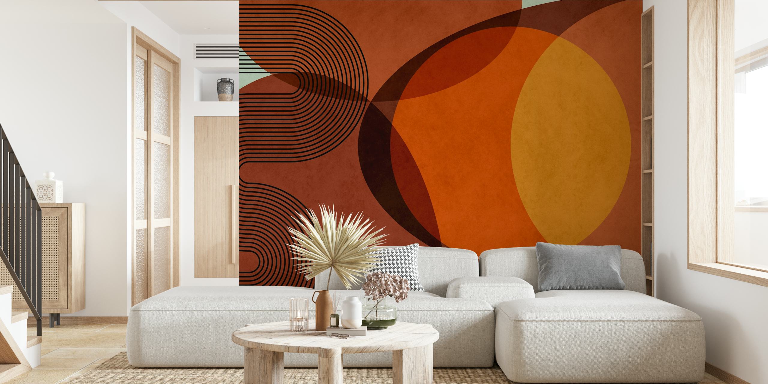Abstract organic shapes in orange and brown on a textured wallpaper