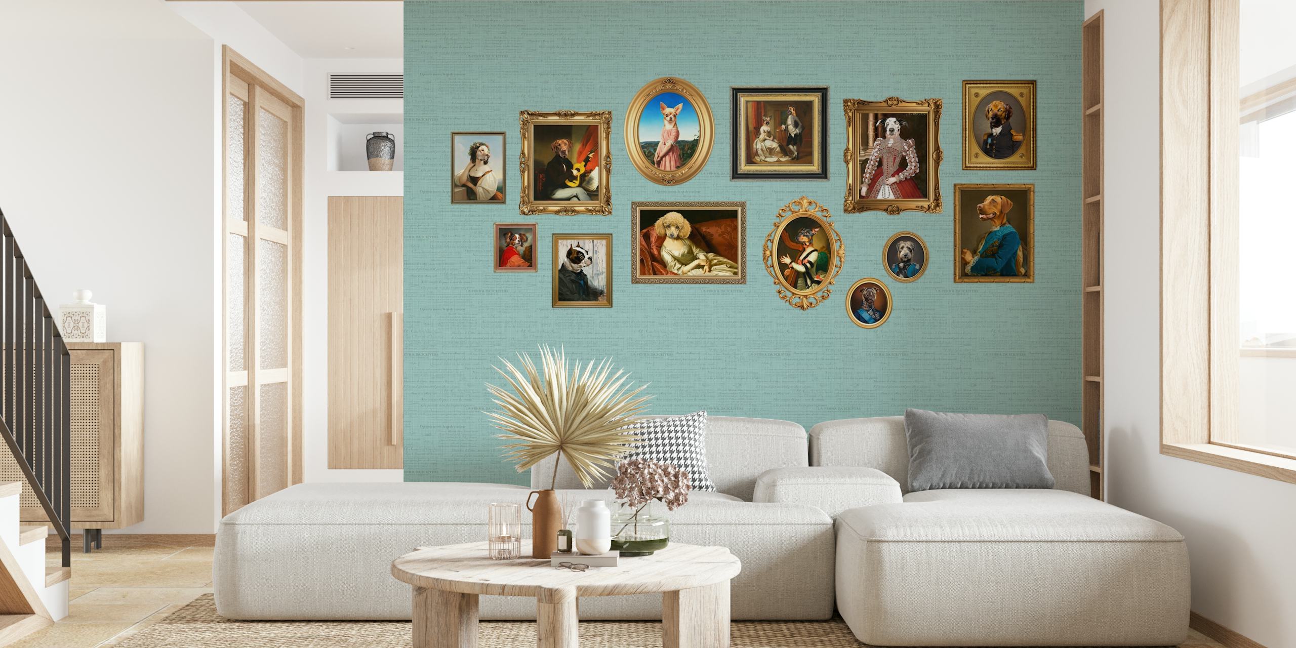 Dog Portraits Statement Wall på aqua blå vegg