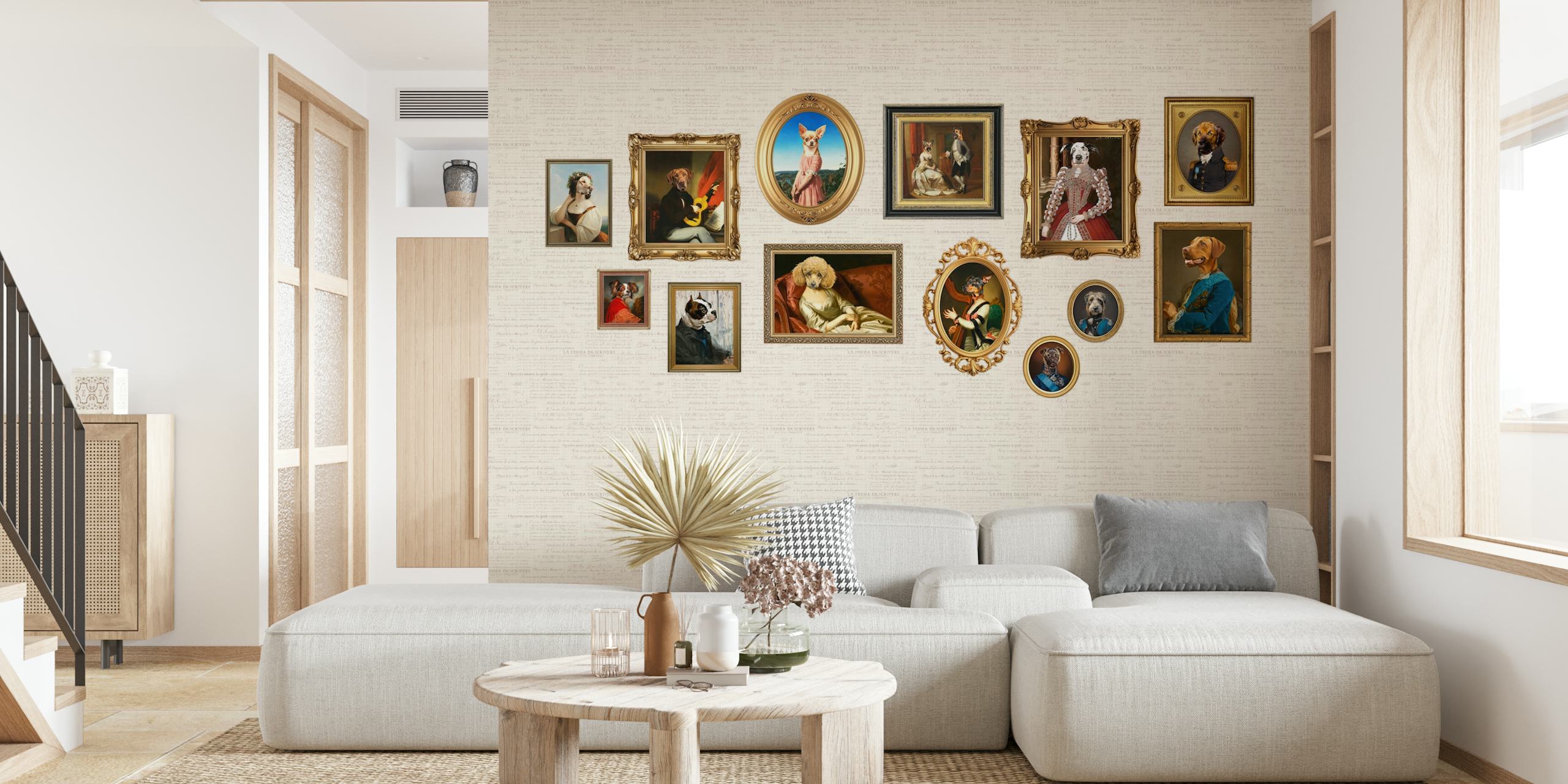 Various dog portraits in ornate frames on cream beige background wallpaper
