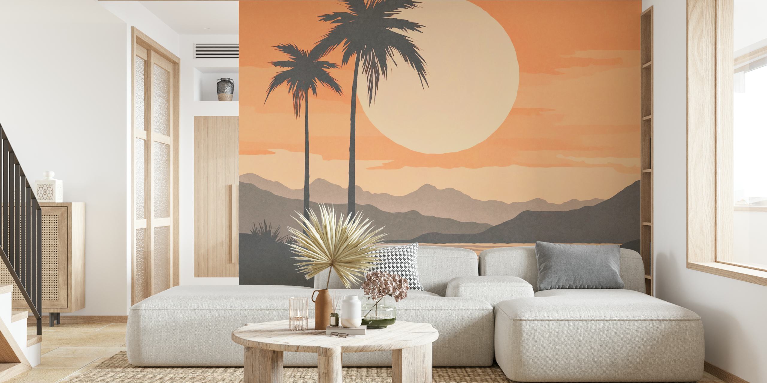 Tropical Island Sunrise Watercolor ταπετσαρία σε ένα δωμάτιο