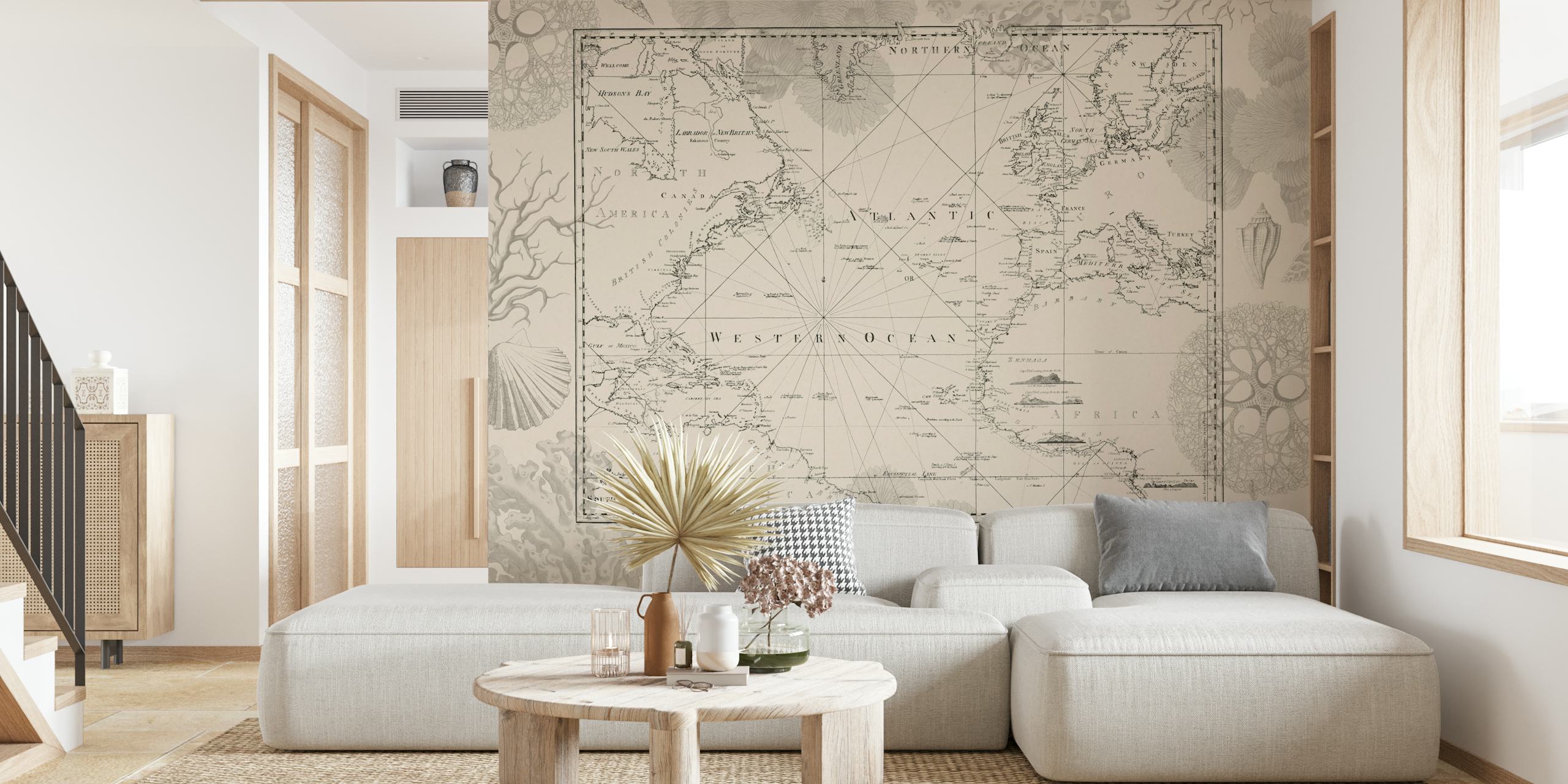 Beige vintage journey map with coral designs wallpaper