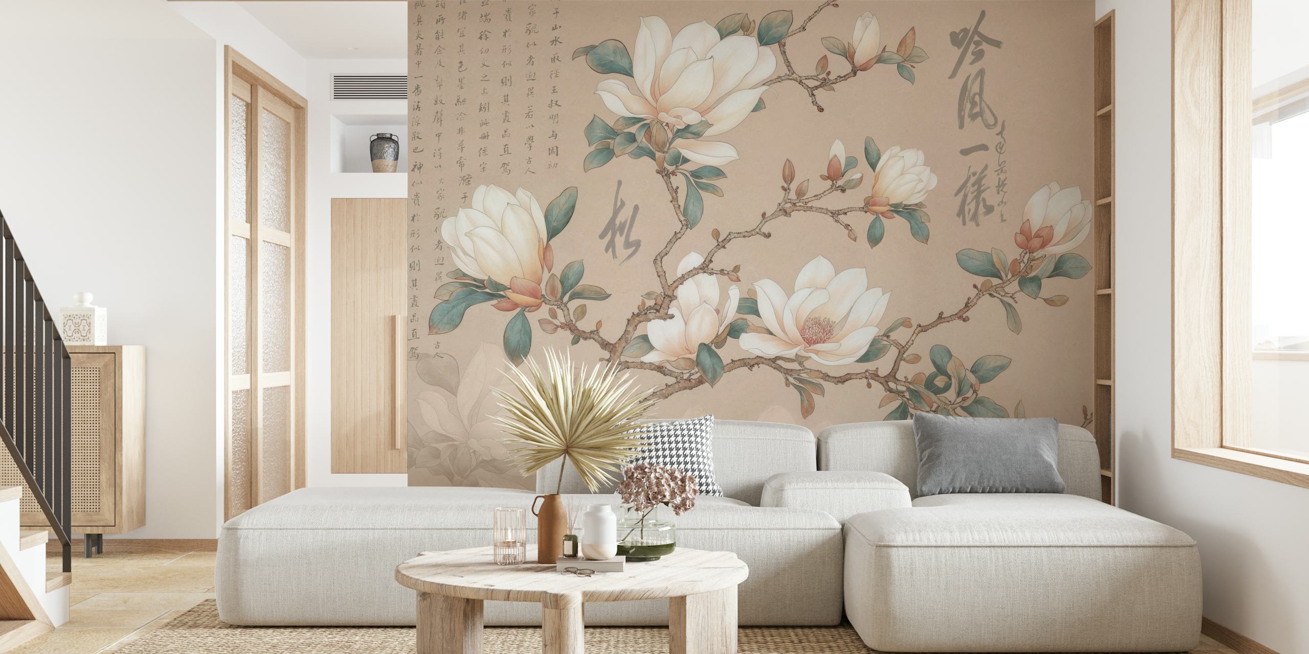Chinoiserie Magnolia Vintage Botanical wallpaper in a room