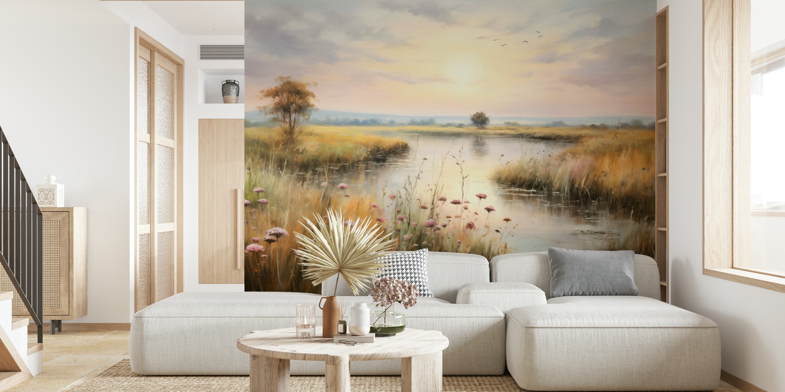 Papel de parede Watercolour wetlands landscape em um quarto