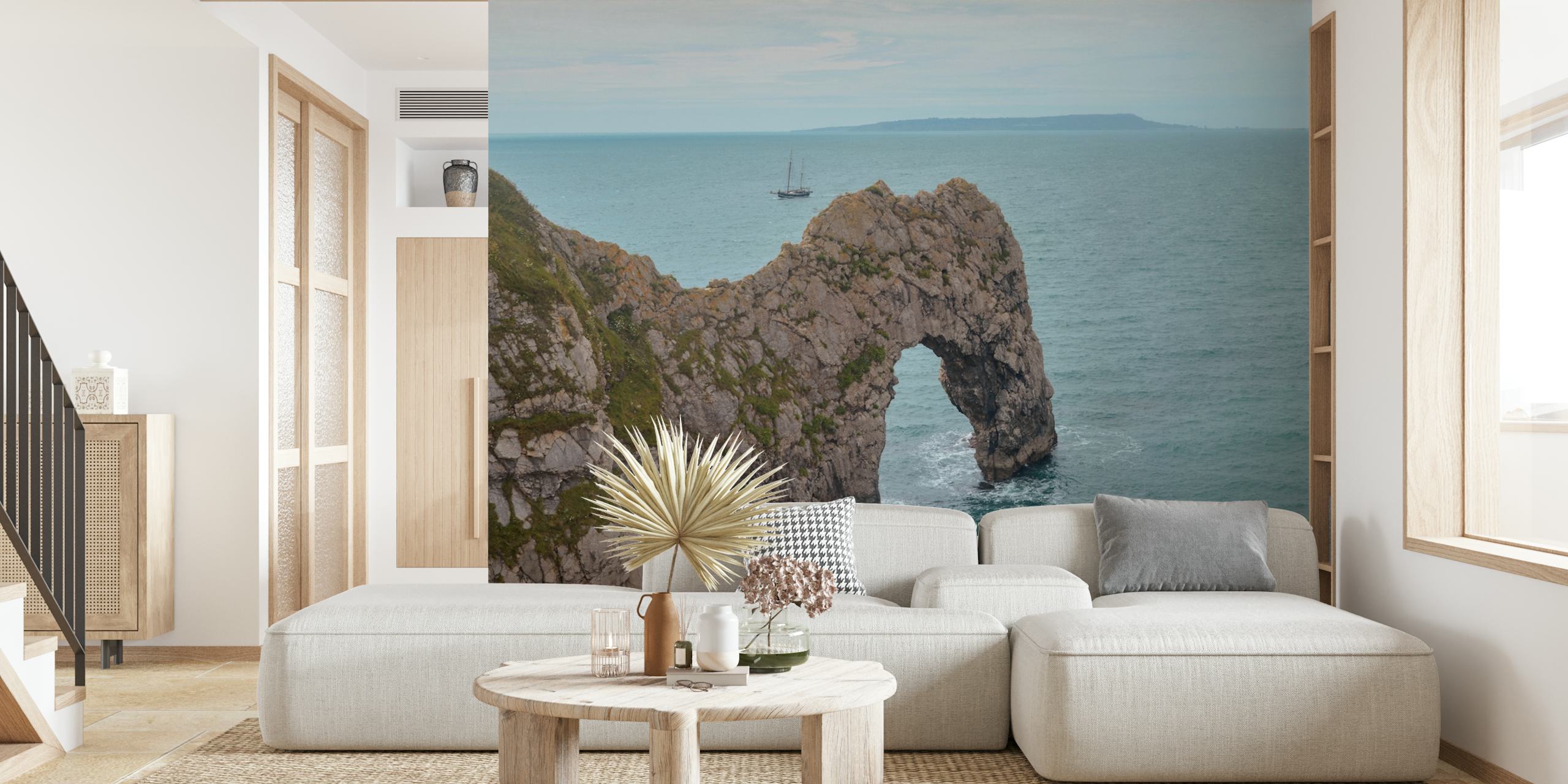 Coastal view wallpaper featuring Durdle Door rock arch and blue waters.