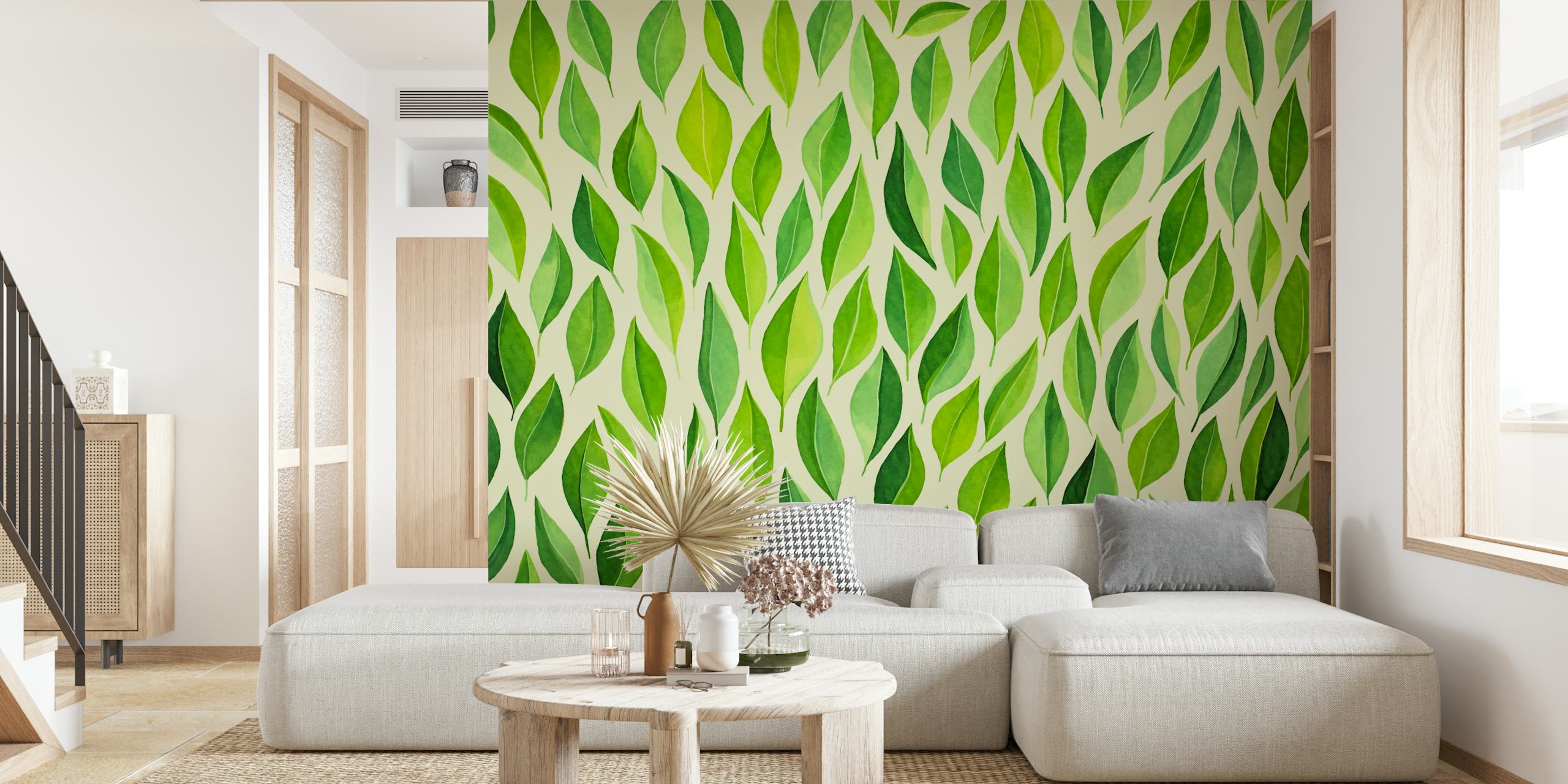 Green leafy pattern wallpaper in various shades of green