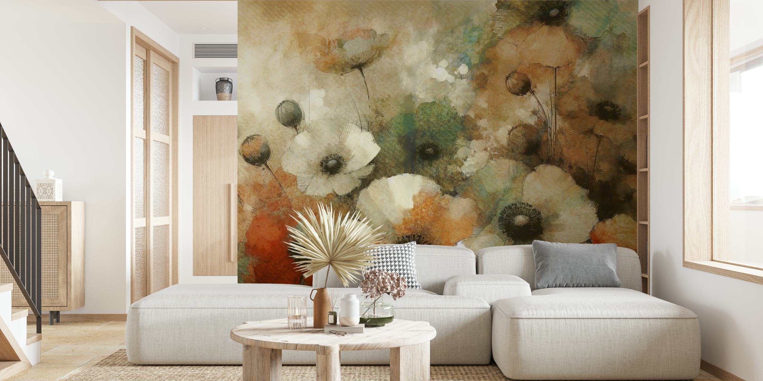 Vintage floral wallpaper with delicate white and orange flowers