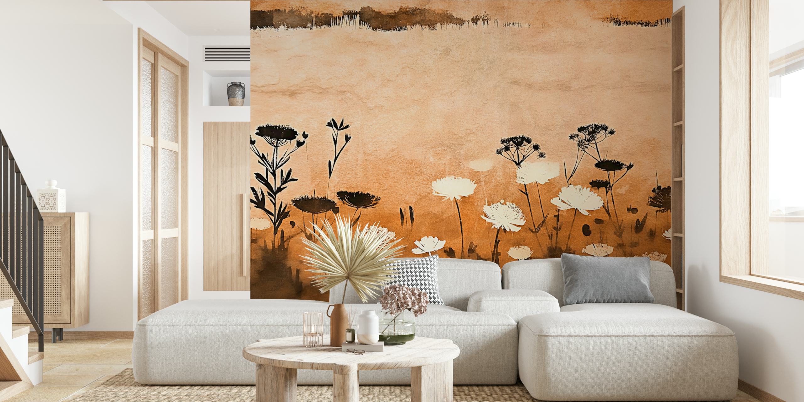 Amber Meadow Blooms floral wallpaper in a room