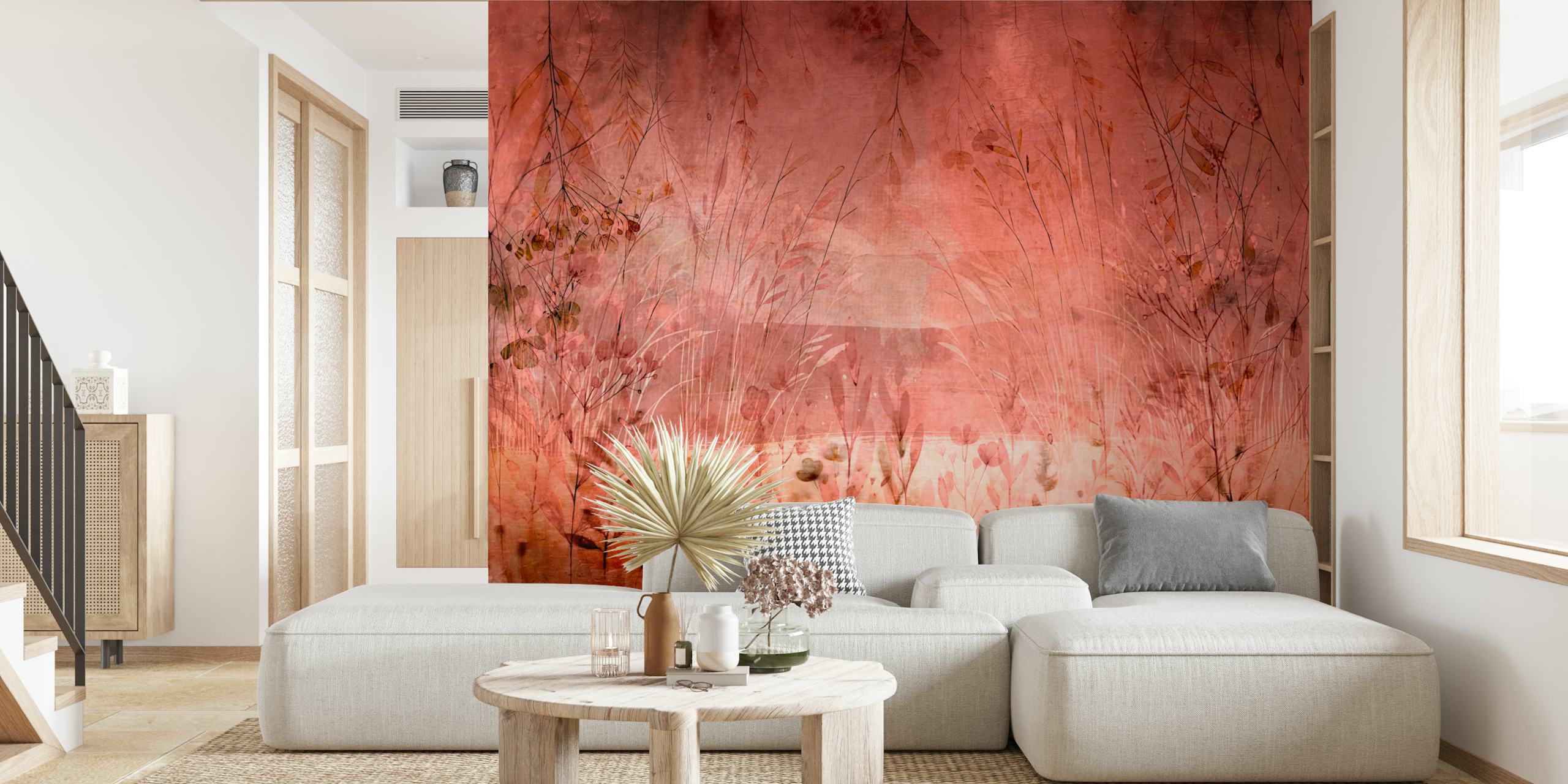 Blush pink floral watercolors wallpaper with soft green details